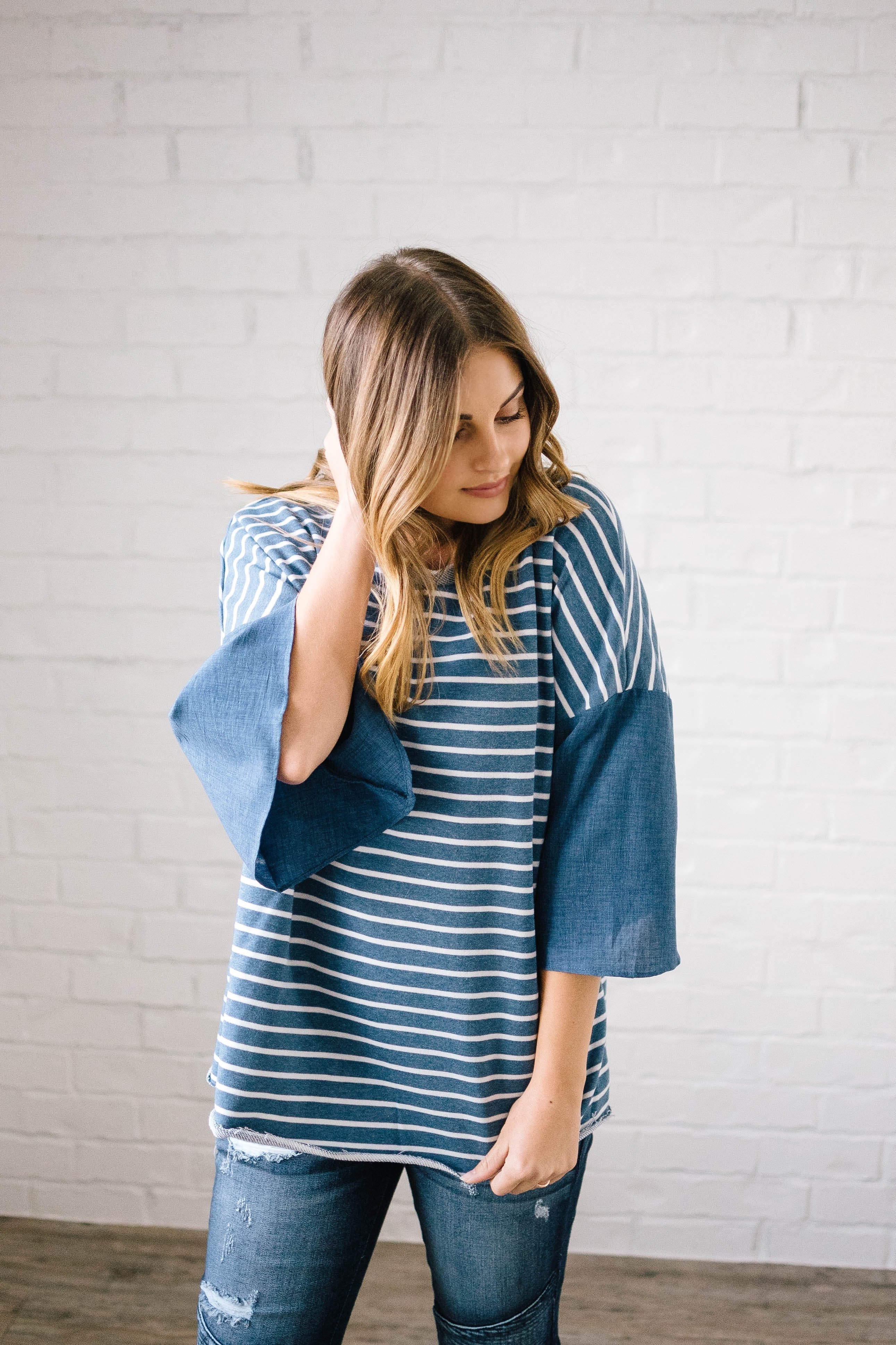 Blakely Bell Striped Top in Denim Blue