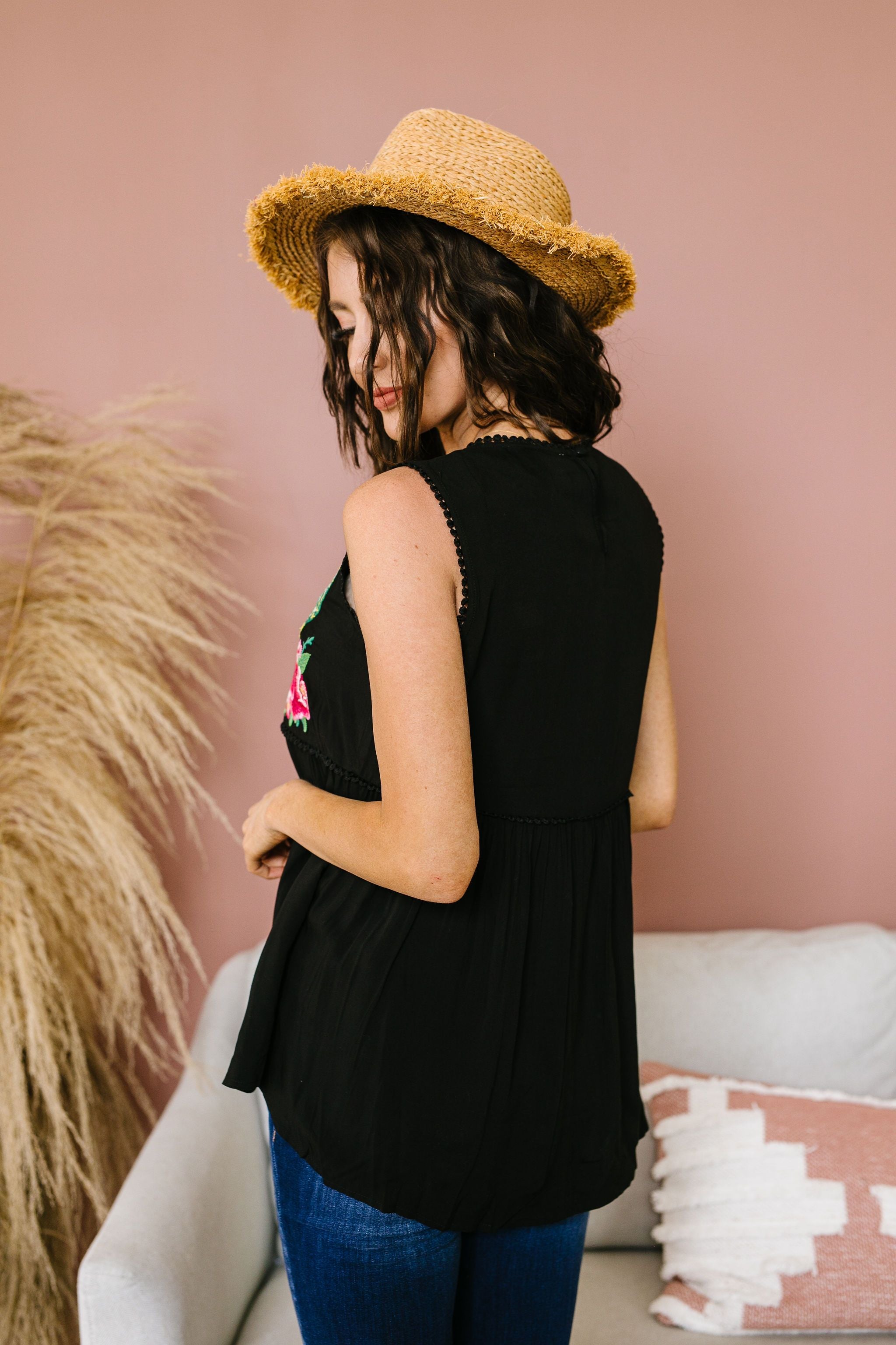 Bloom In The Desert Embroidered Top In Black