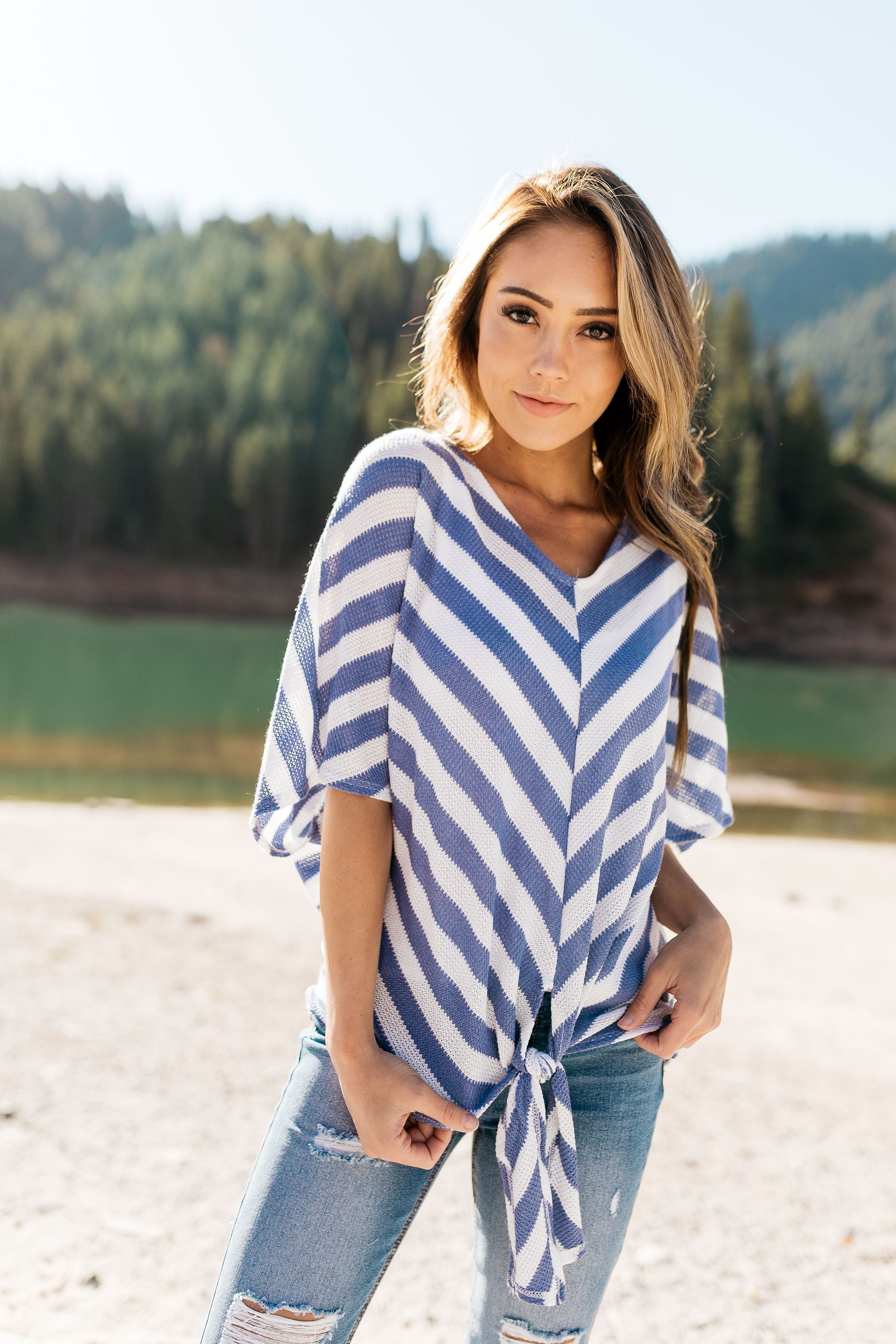 Blue + White Stripe Woven Top - ALL SALES FINAL