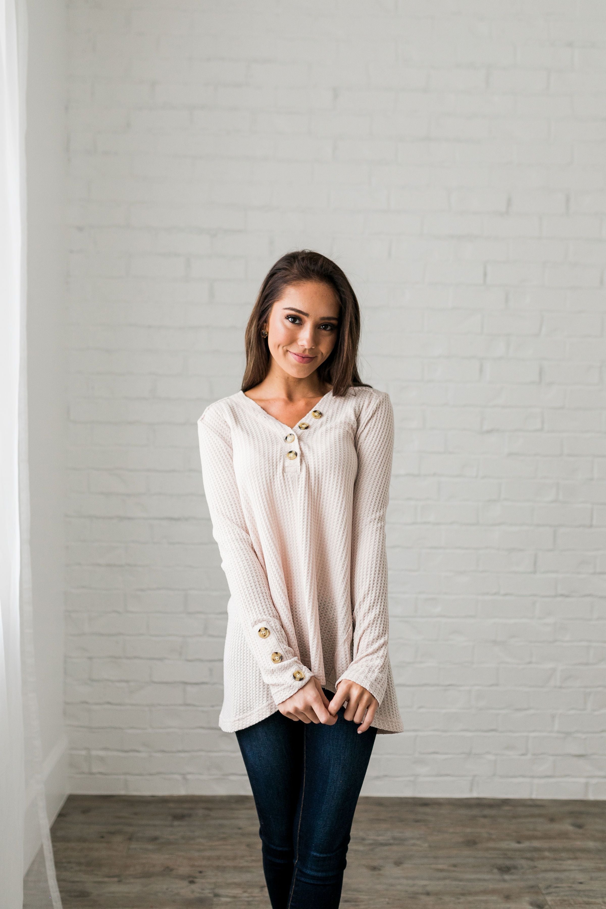 Bountiful Buttons V-Neck In Natural - ALL SALES FINAL