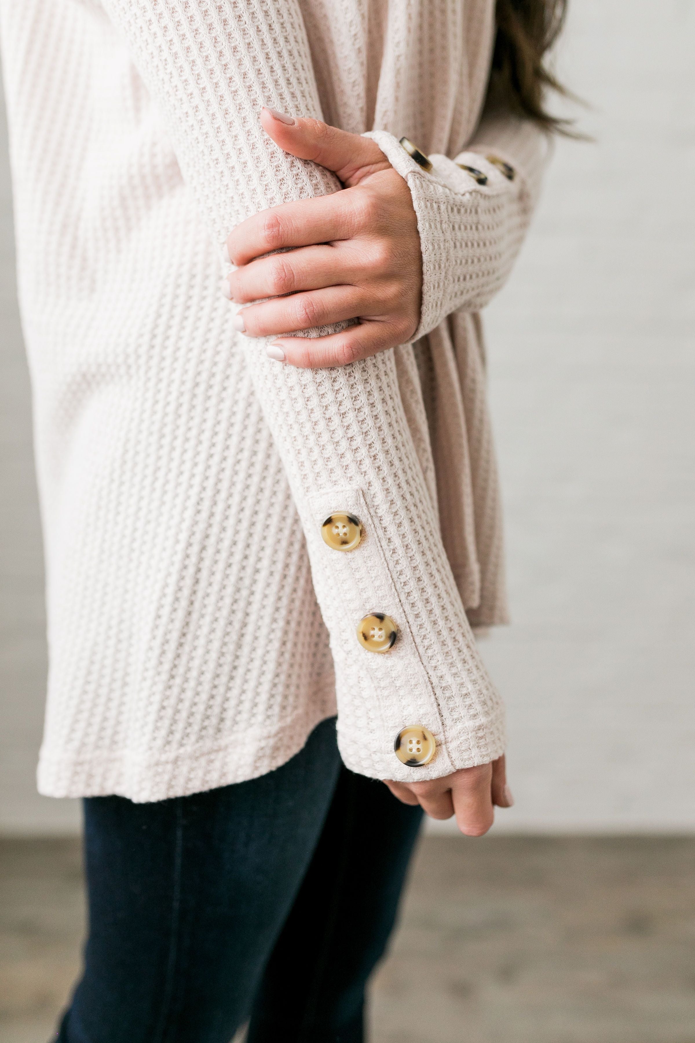 Bountiful Buttons V-Neck In Natural - ALL SALES FINAL