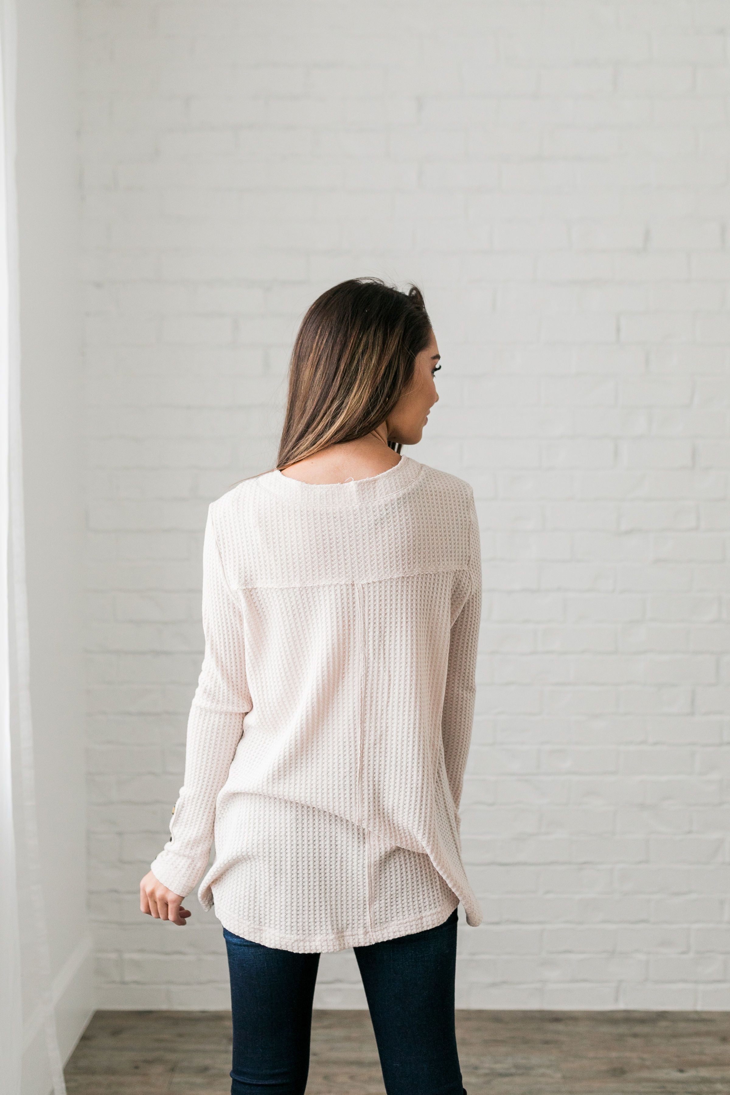 Bountiful Buttons V-Neck In Natural - ALL SALES FINAL