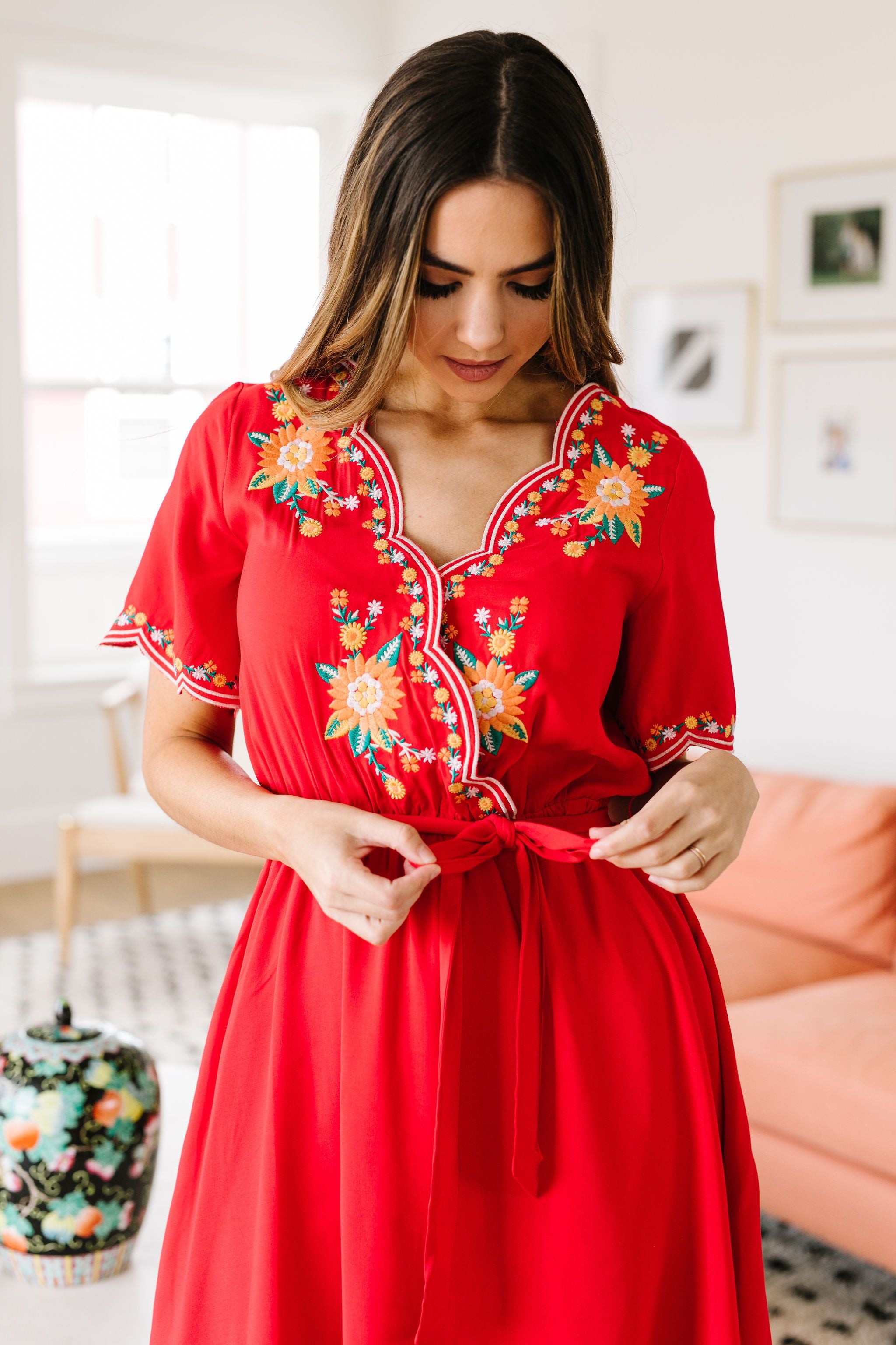 Brooklyn Embroidered Dress in Red