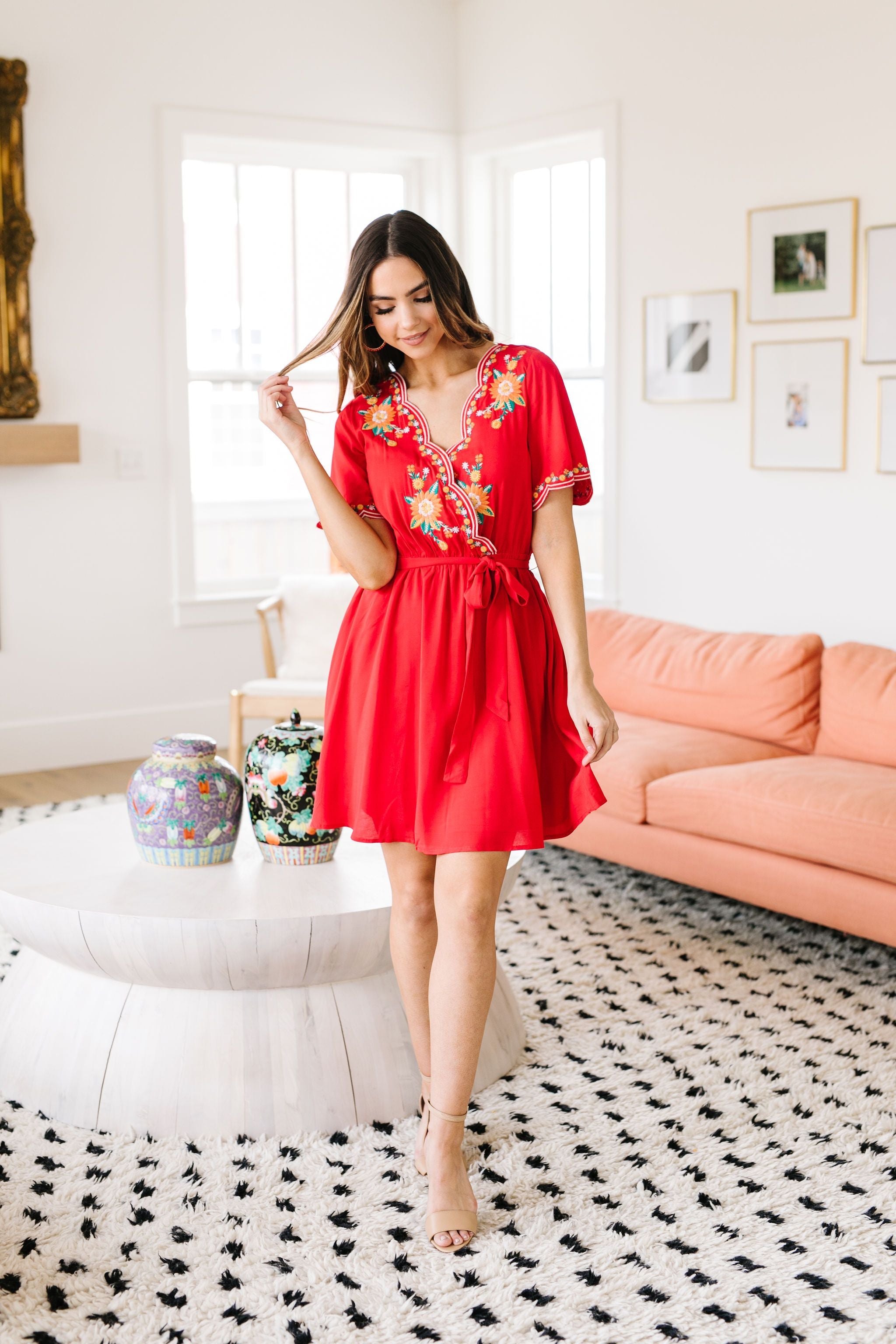 Brooklyn Embroidered Dress in Red