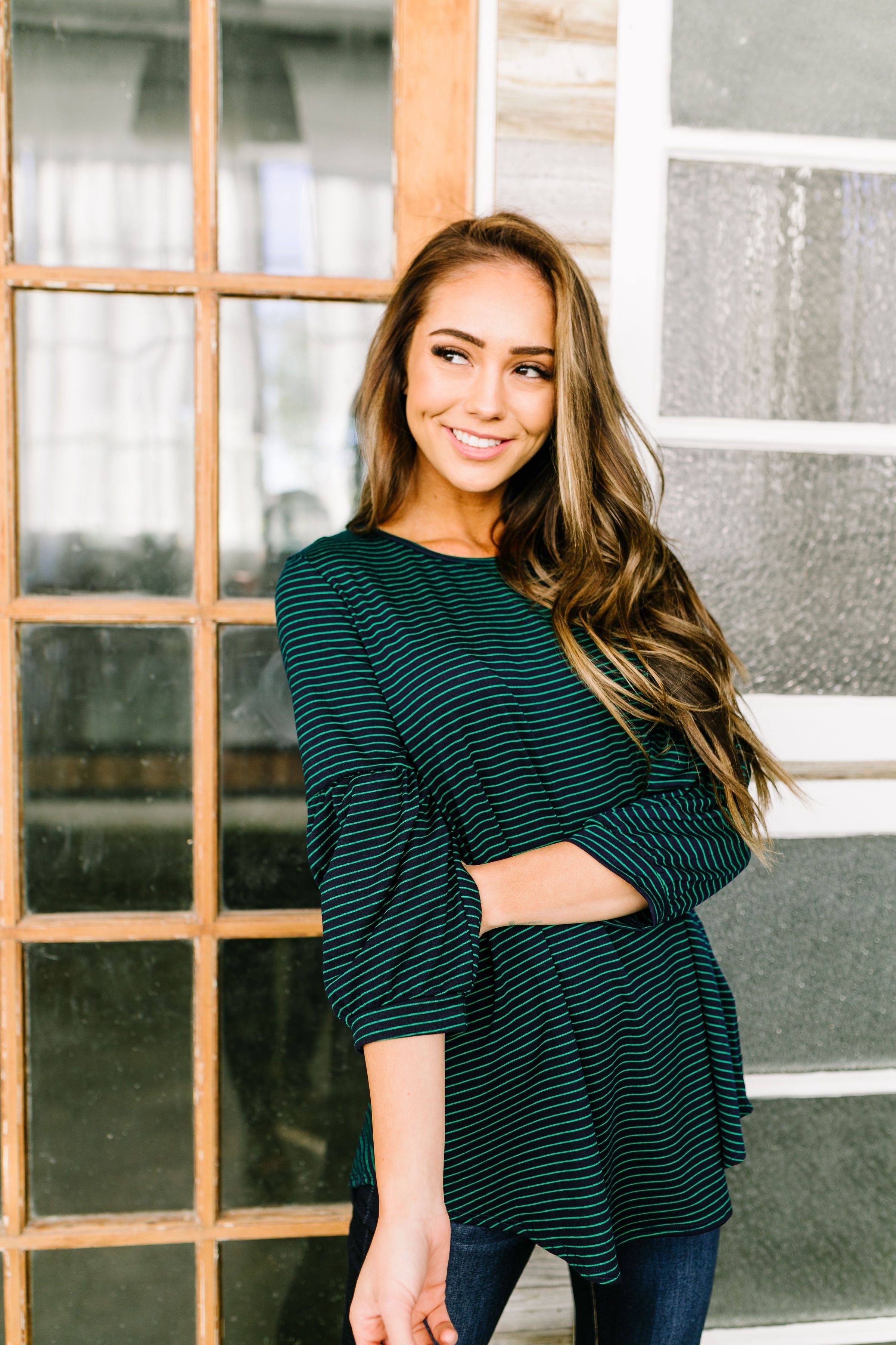 Bubble Sleeve Striped Top In Navy + Green - ALL SALES FINAL