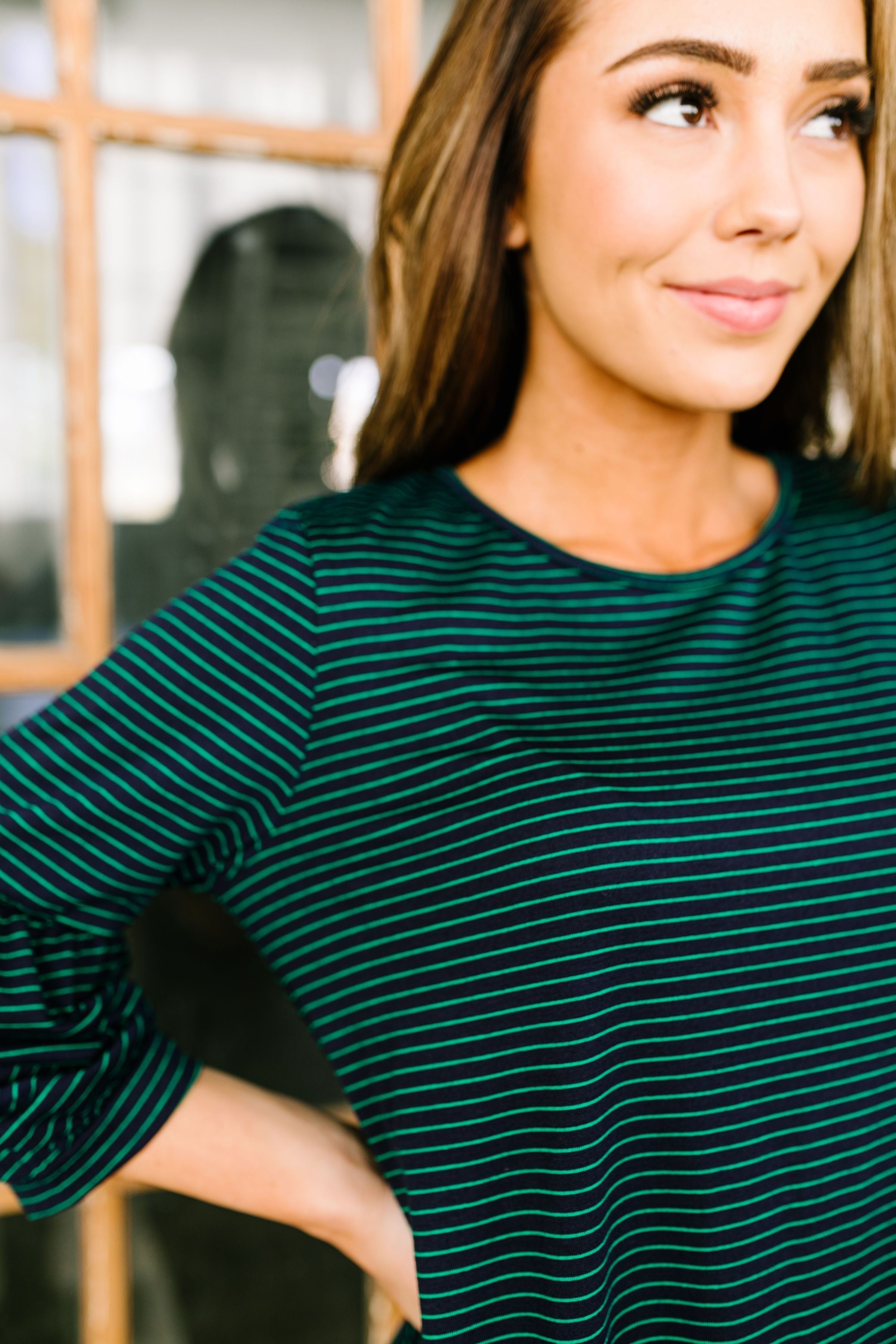 Bubble Sleeve Striped Top In Navy + Green - ALL SALES FINAL