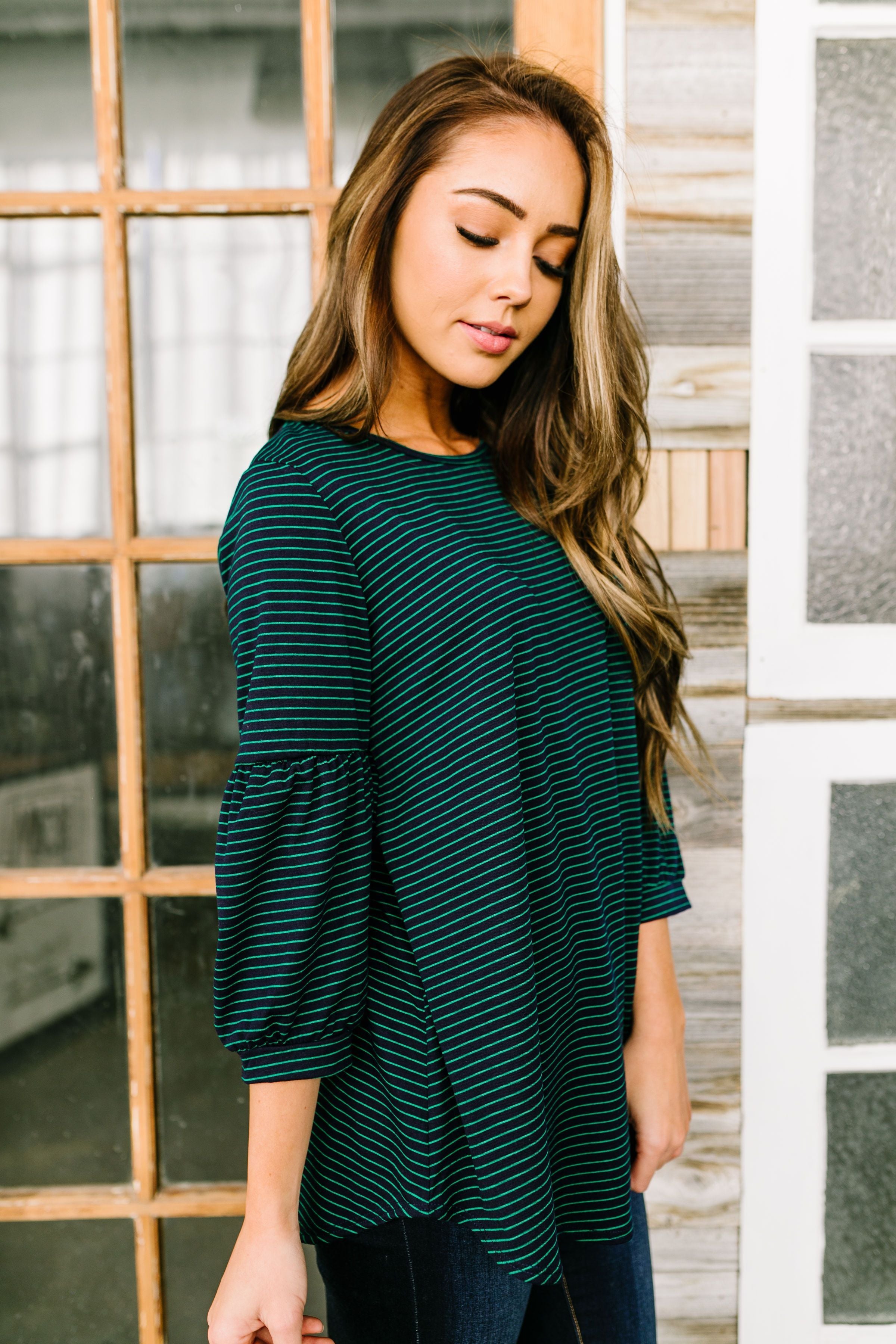 Bubble Sleeve Striped Top In Navy + Green - ALL SALES FINAL