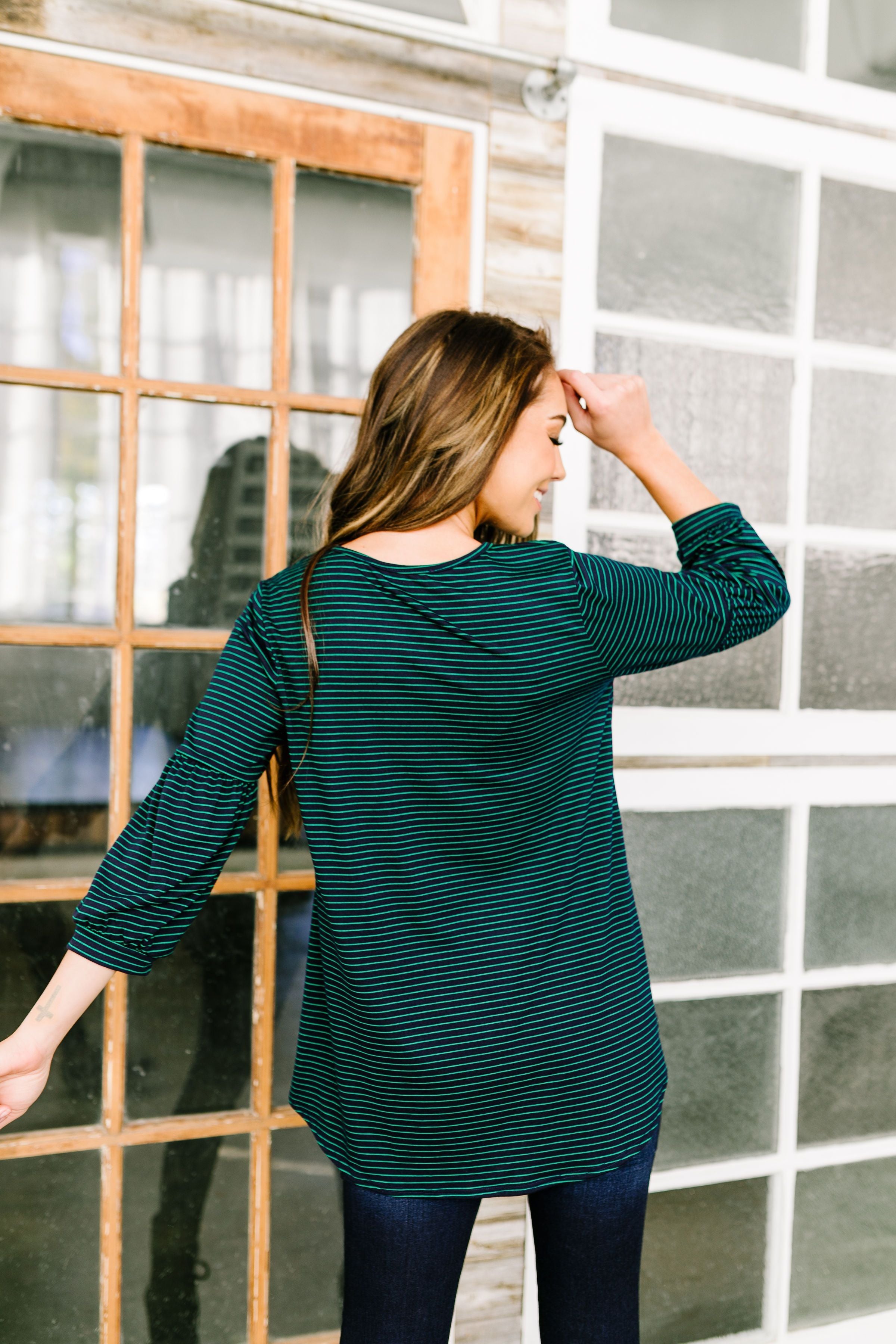 Bubble Sleeve Striped Top In Navy + Green - ALL SALES FINAL