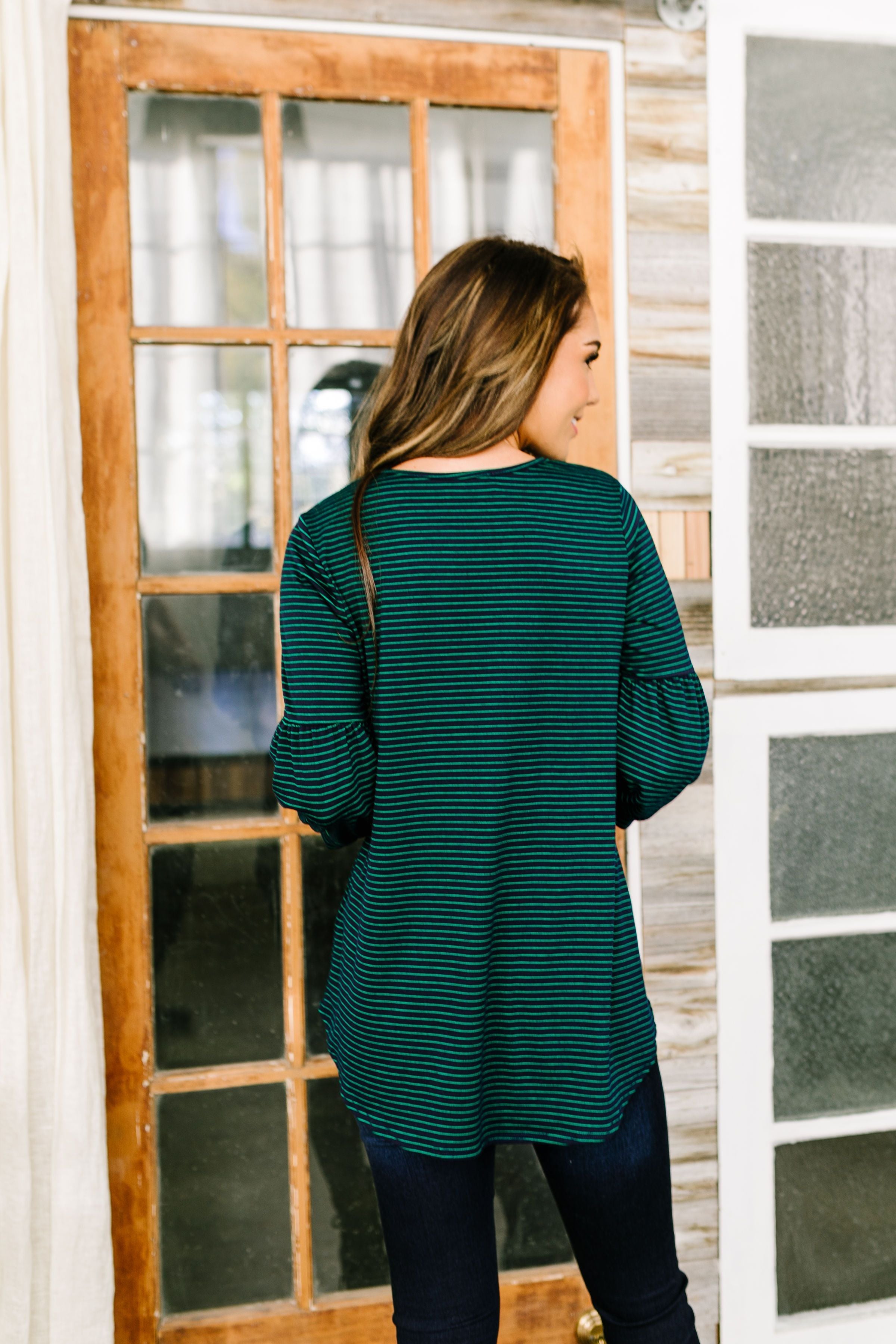 Bubble Sleeve Striped Top In Navy + Green - ALL SALES FINAL