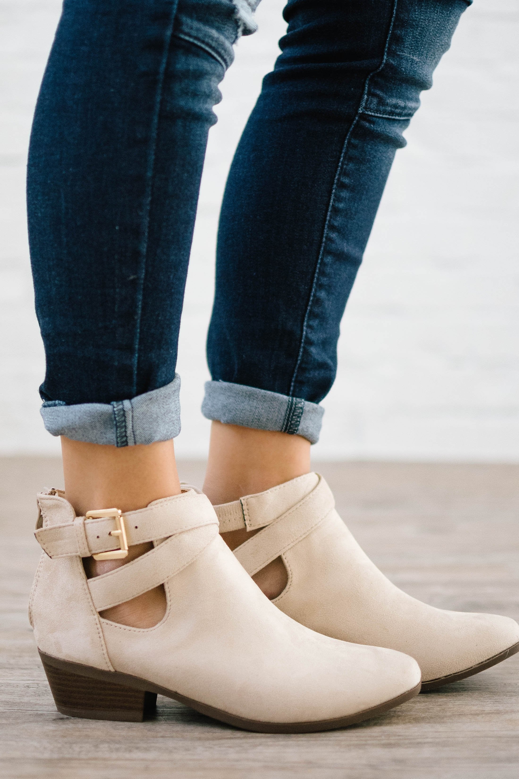 Buckle Booties in Beige Suede