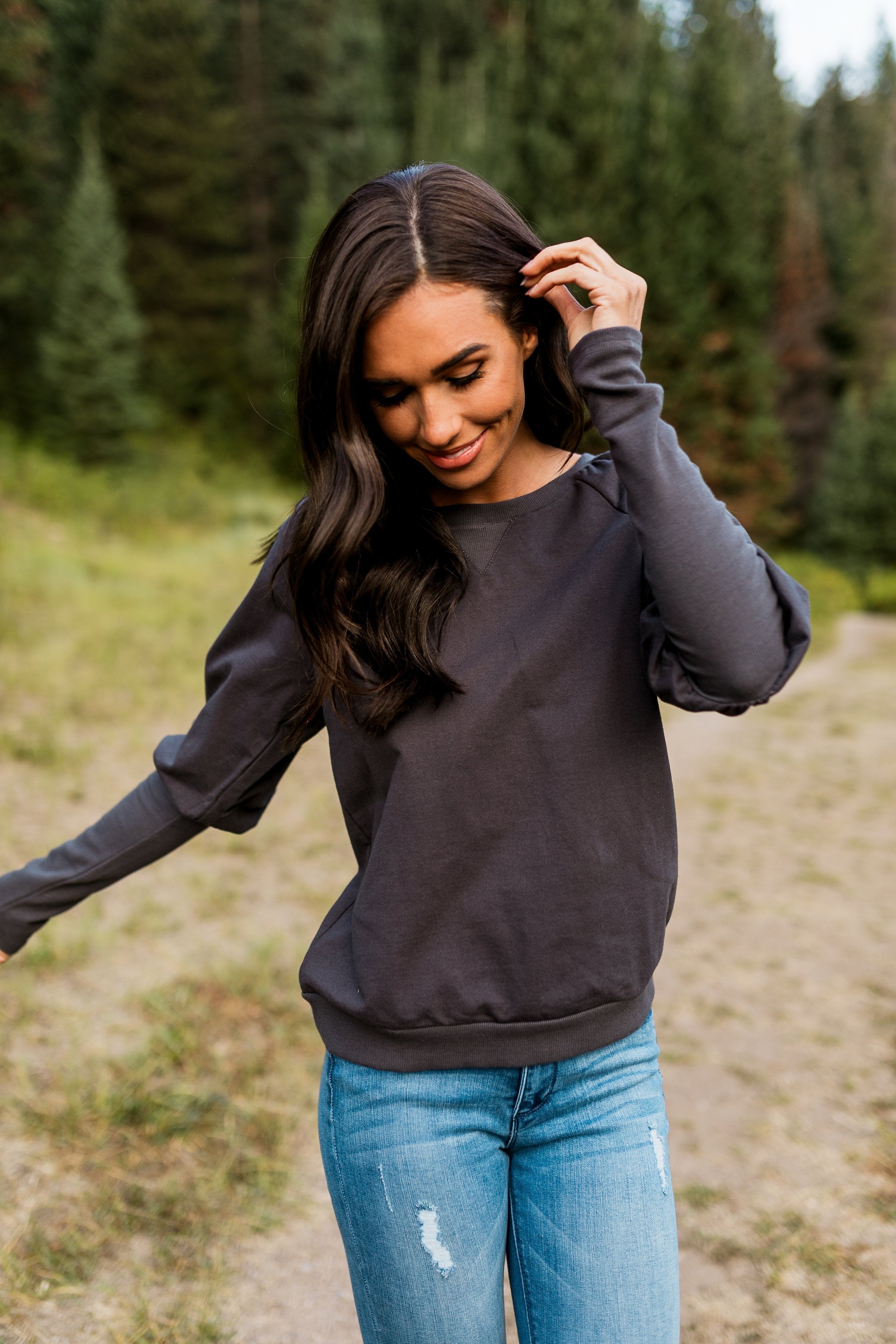 Burnout Blouson Sleeve Sweatshirt In Charcoal - ALL SALES FINAL