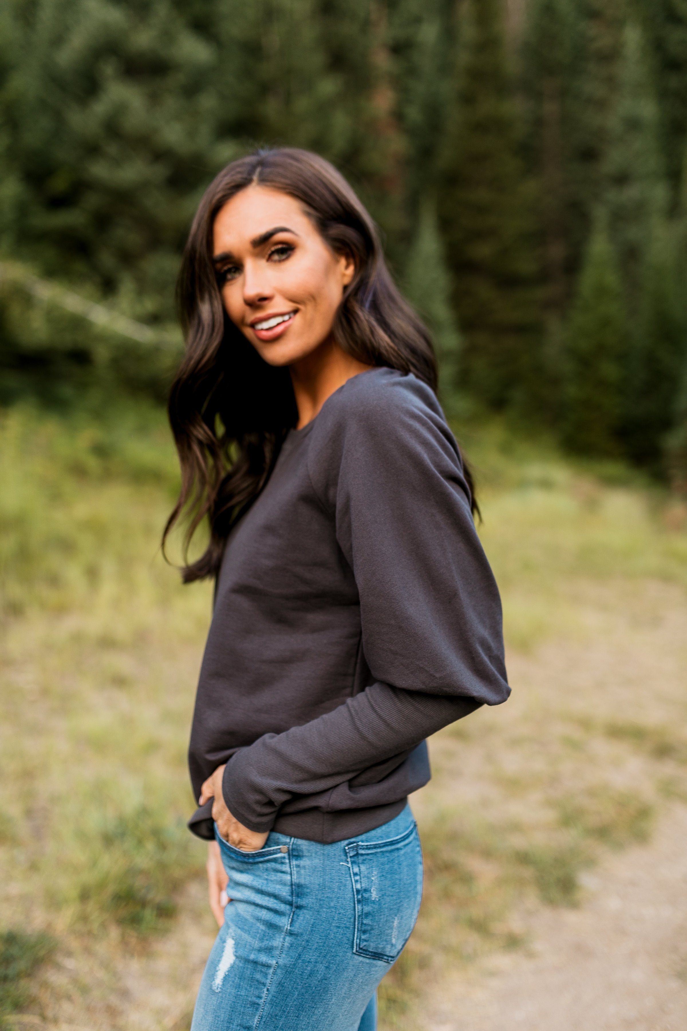 Burnout Blouson Sleeve Sweatshirt In Charcoal - ALL SALES FINAL