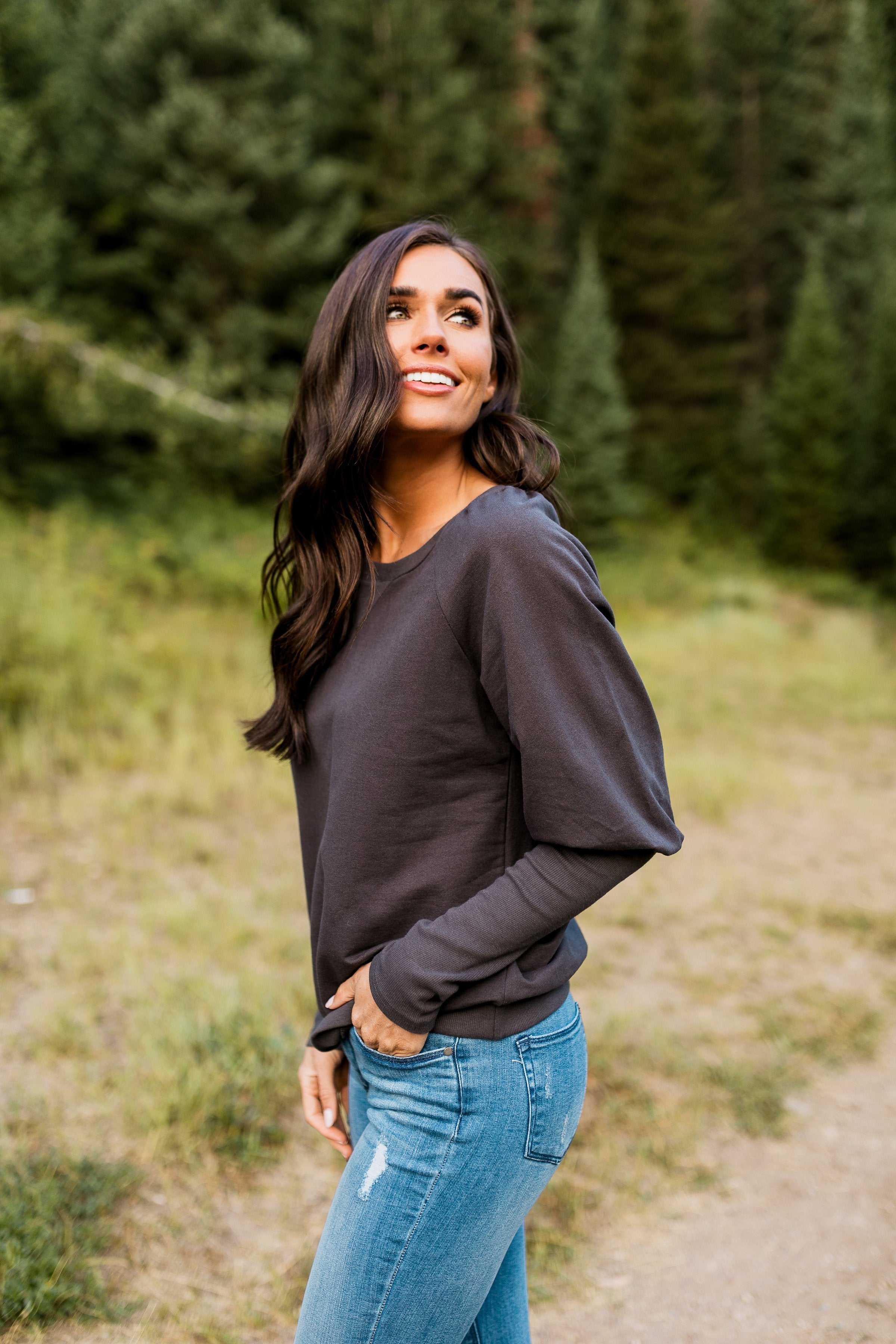 Burnout Blouson Sleeve Sweatshirt In Charcoal - ALL SALES FINAL