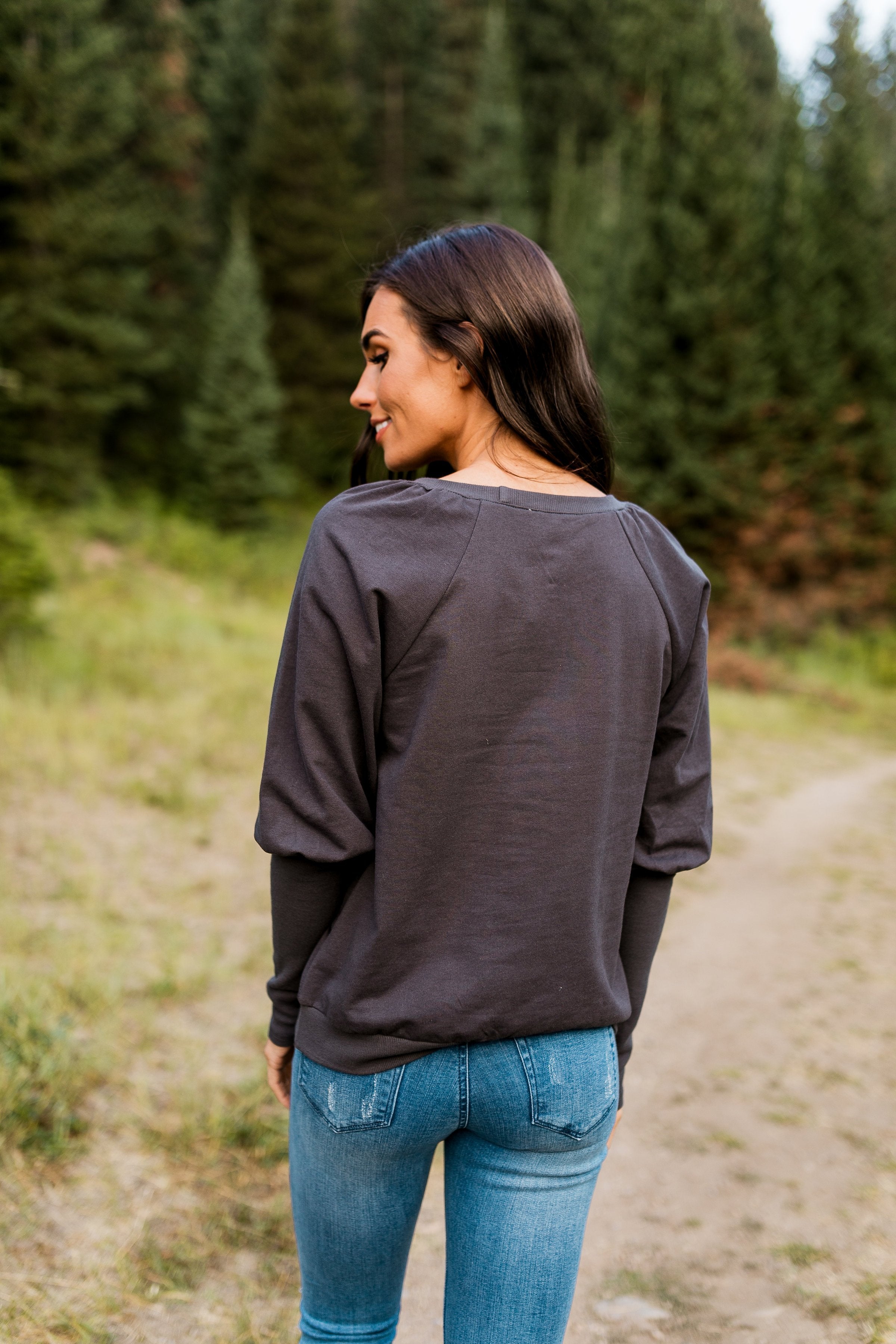 Burnout Blouson Sleeve Sweatshirt In Charcoal - ALL SALES FINAL