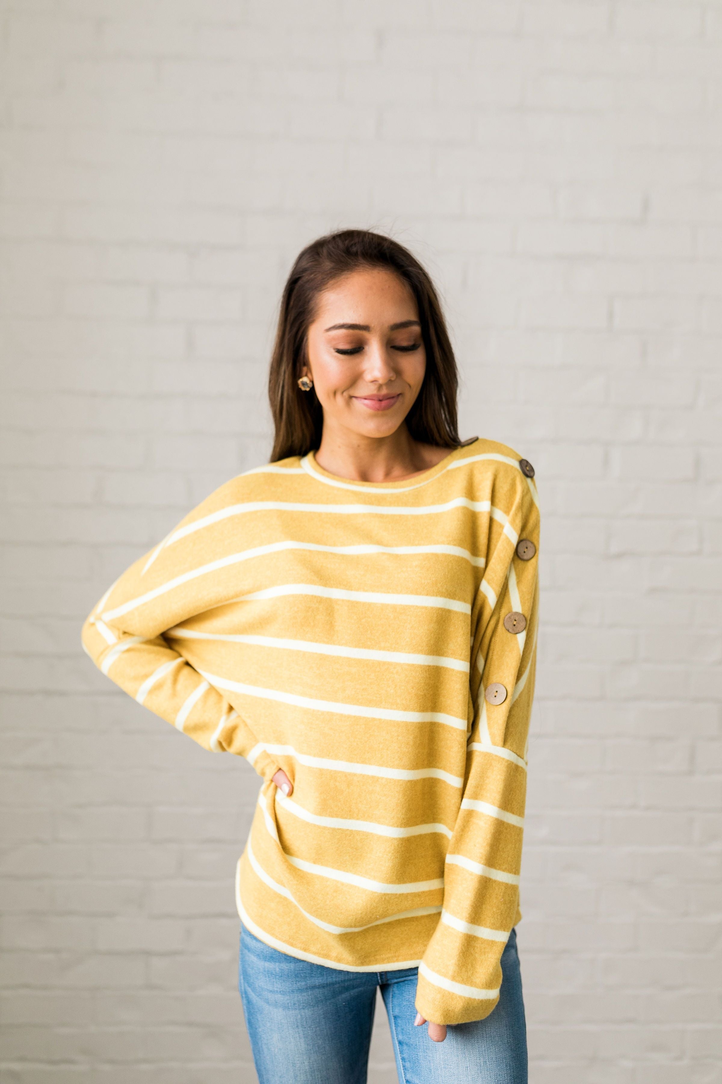 Buttons + Stripes Sweater In Goldenrod