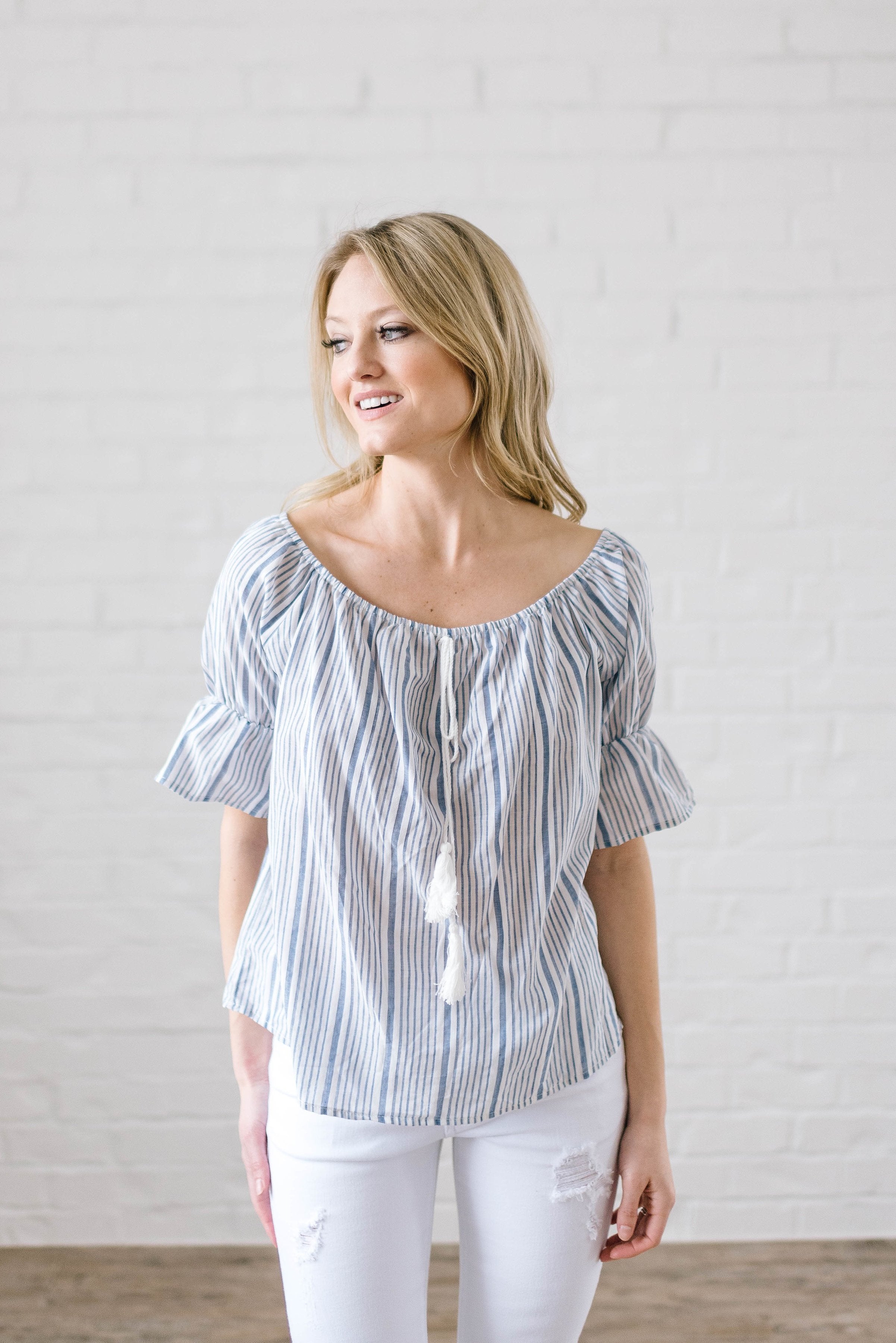 Candy Stripe Off the Shoulder in Blue