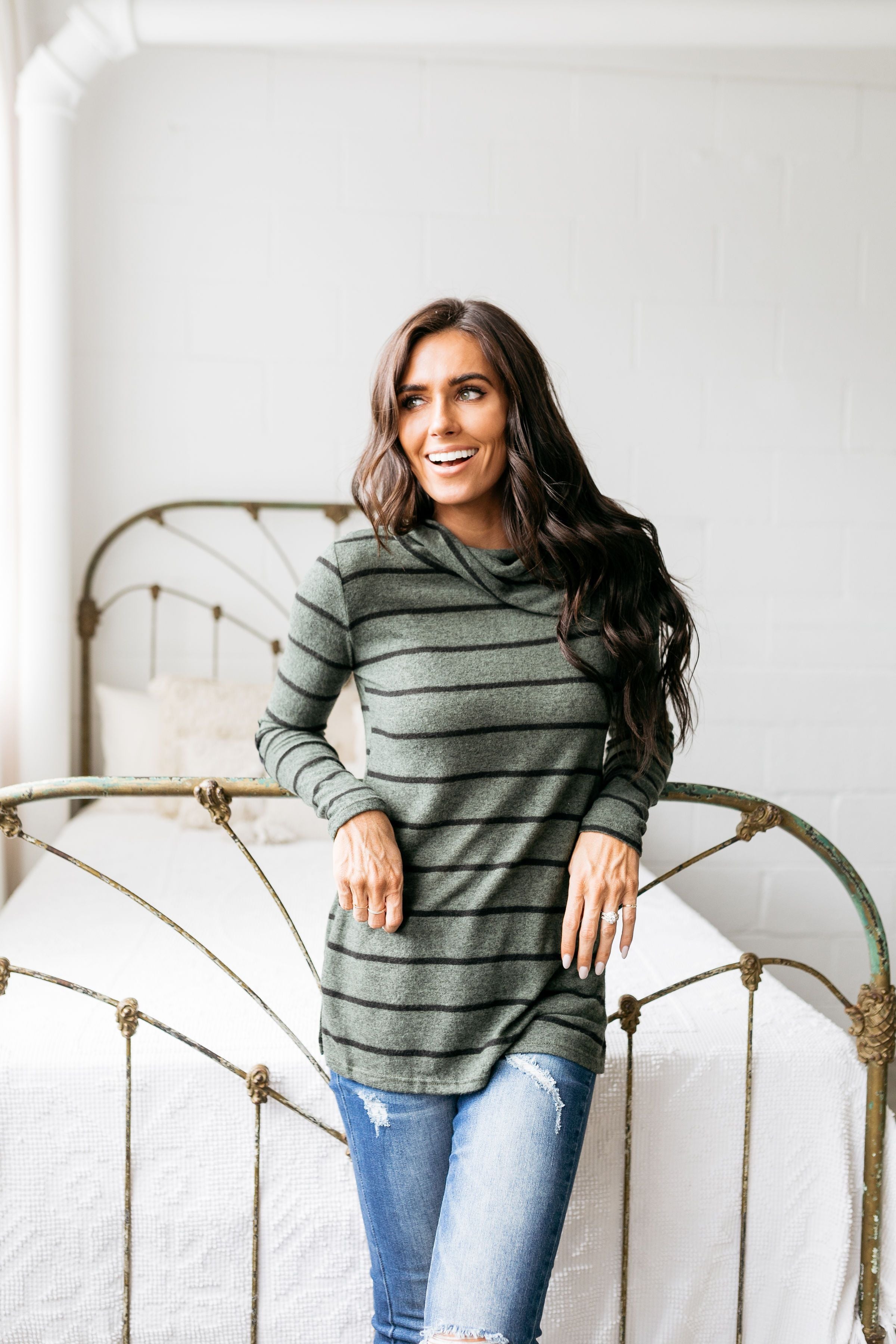 Carolina In My Mind Striped Top In Olive