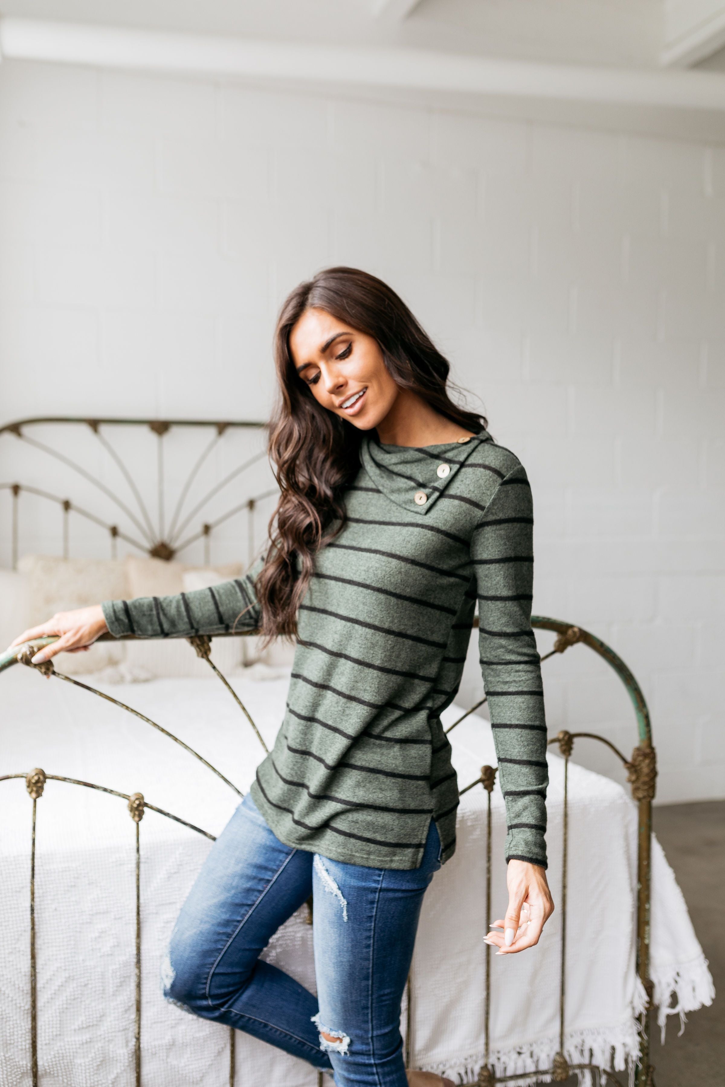 Carolina In My Mind Striped Top In Olive