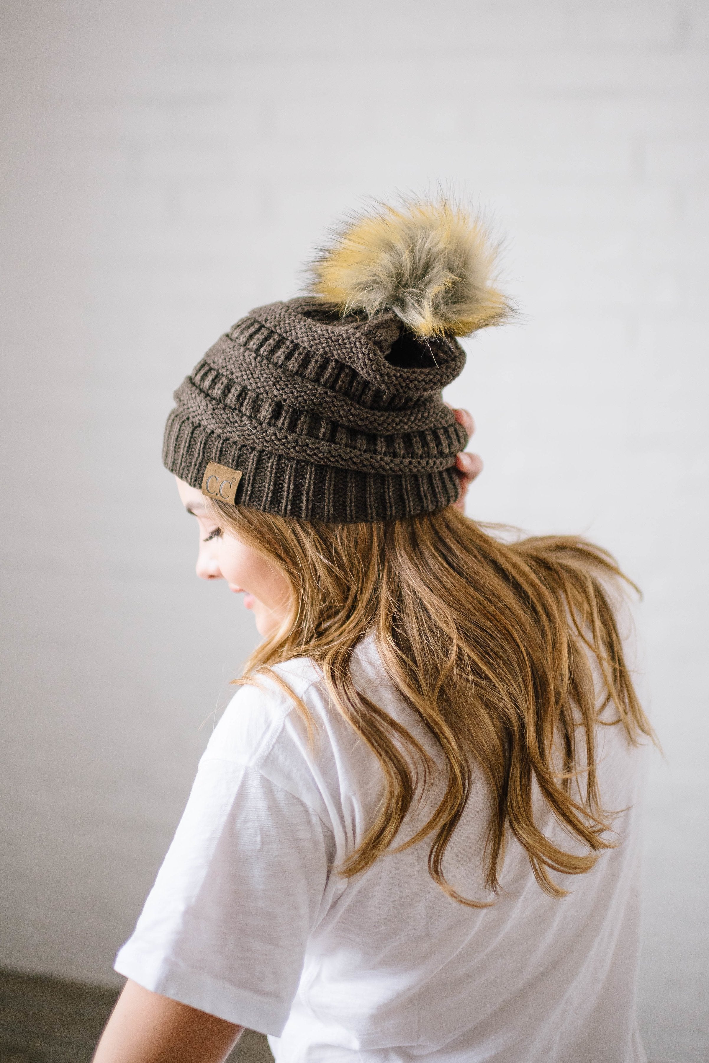 CC Fur PomPom Beanie in Brown