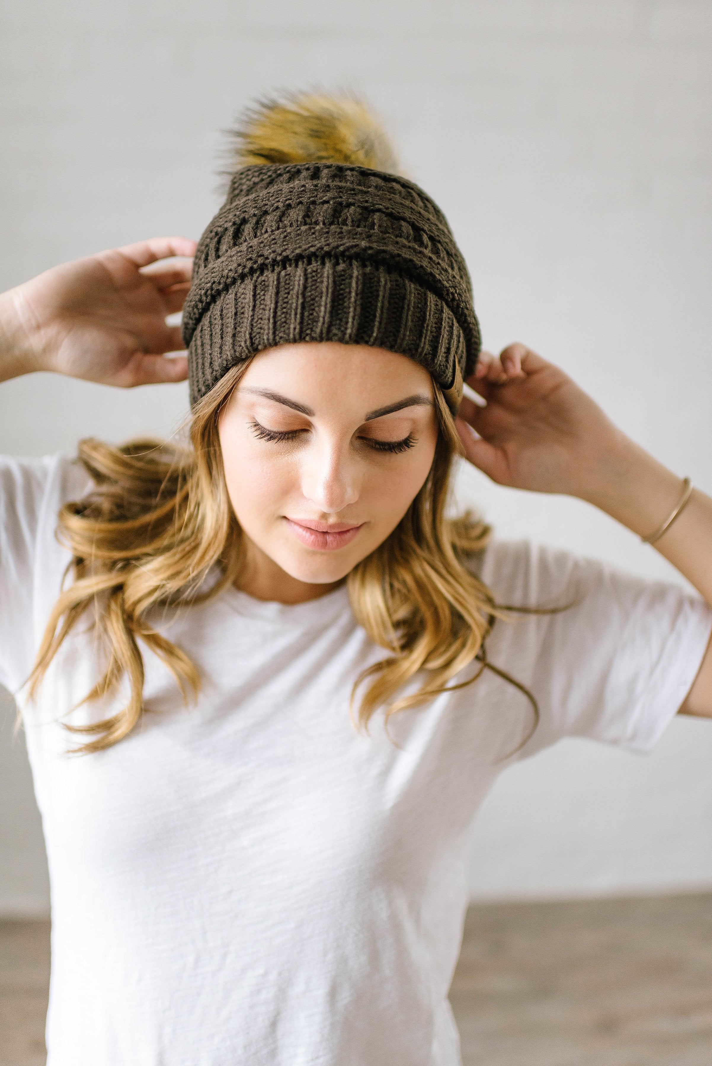 CC Fur PomPom Beanie in Brown