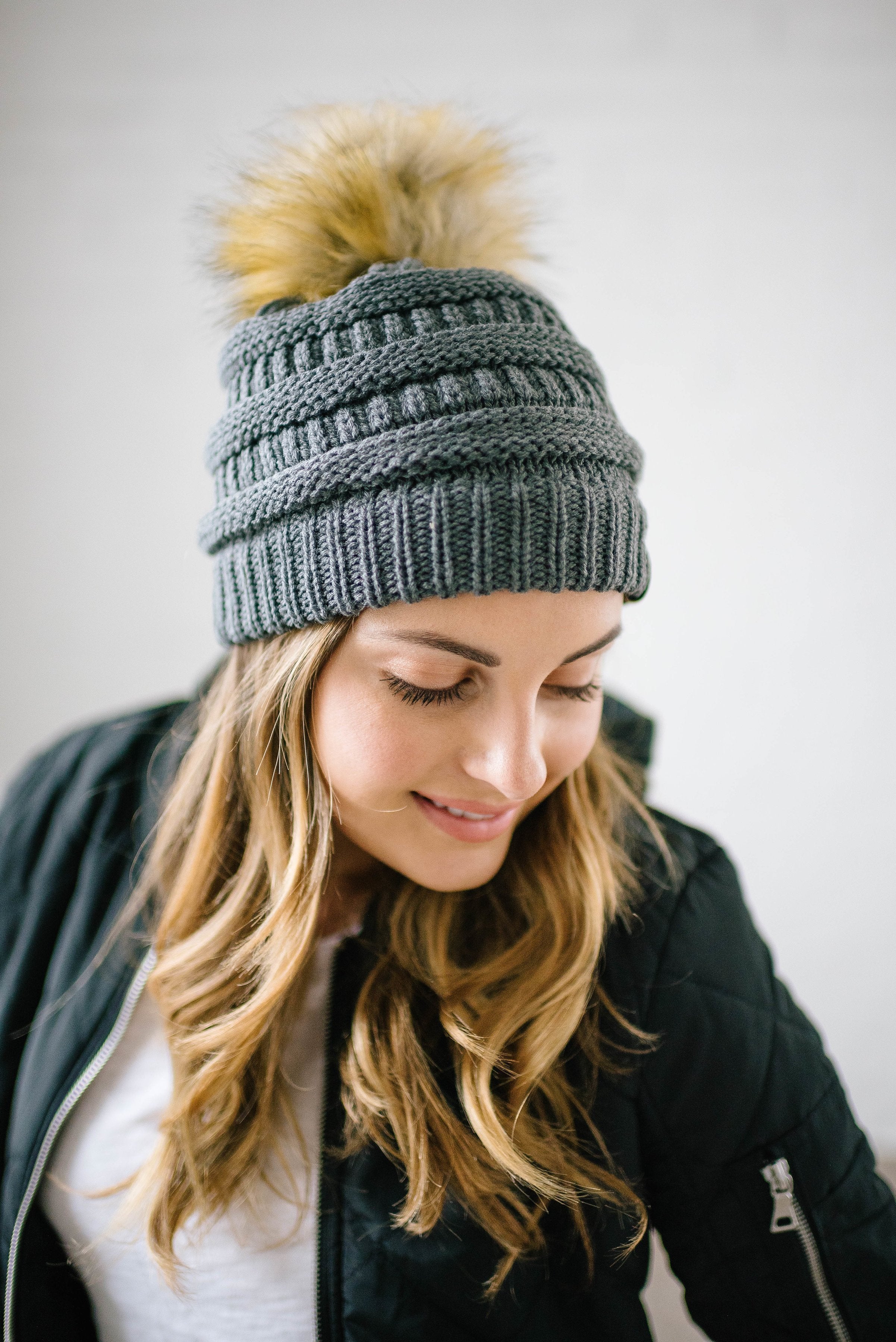 CC Fur PomPom Beanie in Gray