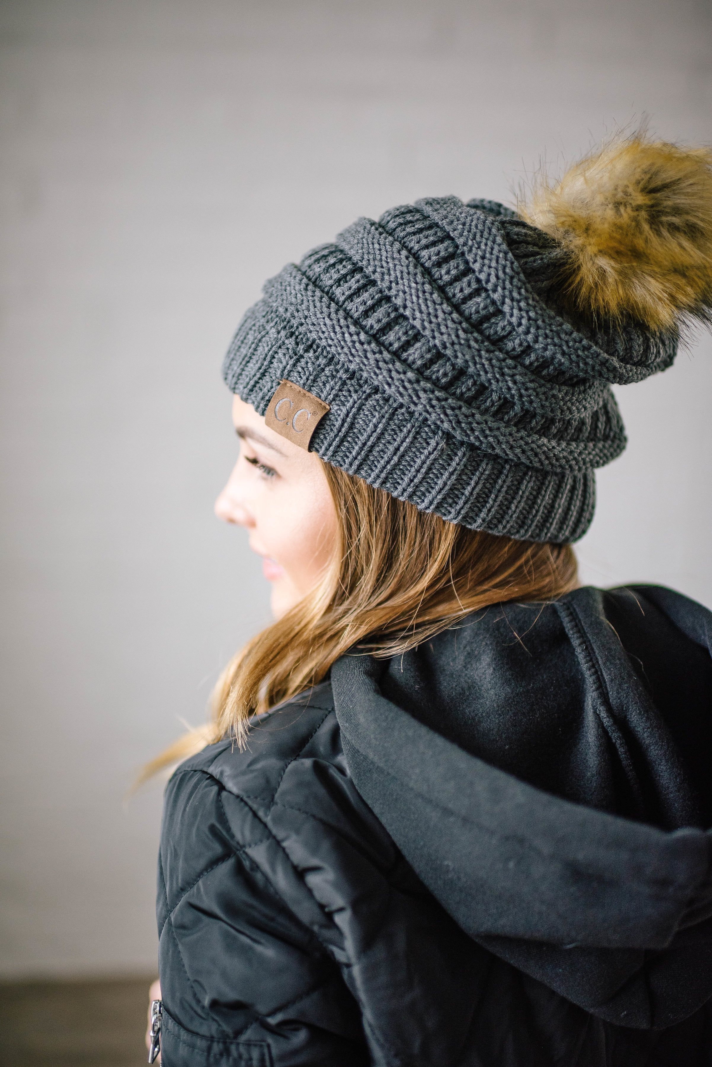 CC Fur PomPom Beanie in Gray