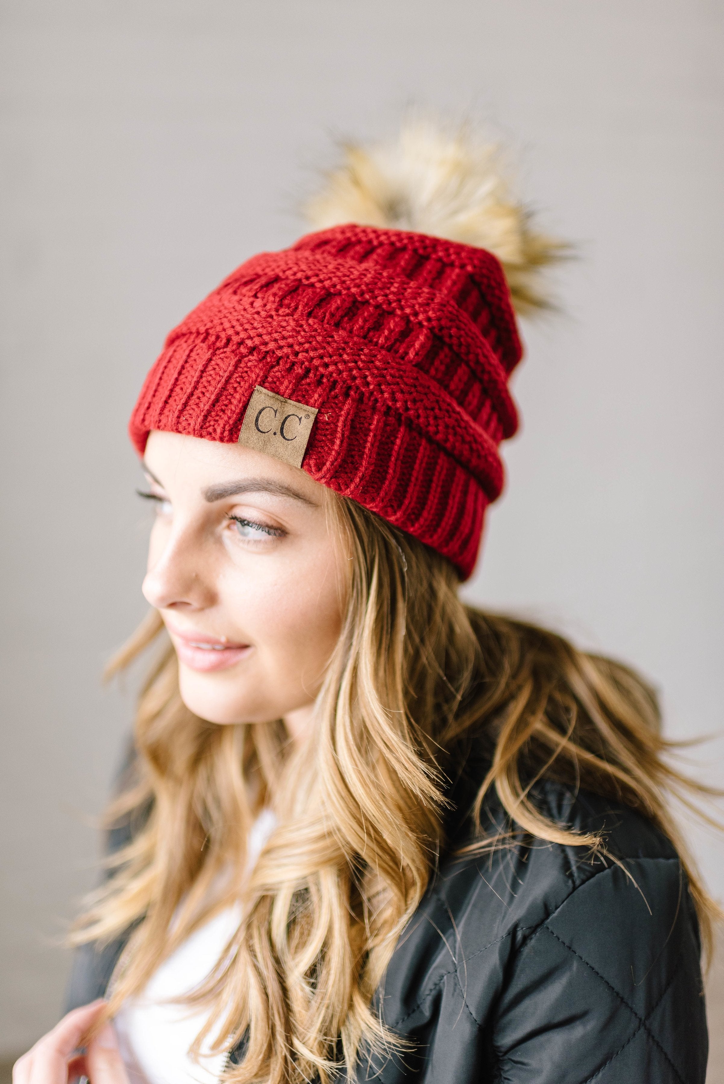 CC Fur PomPom Beanie in Red