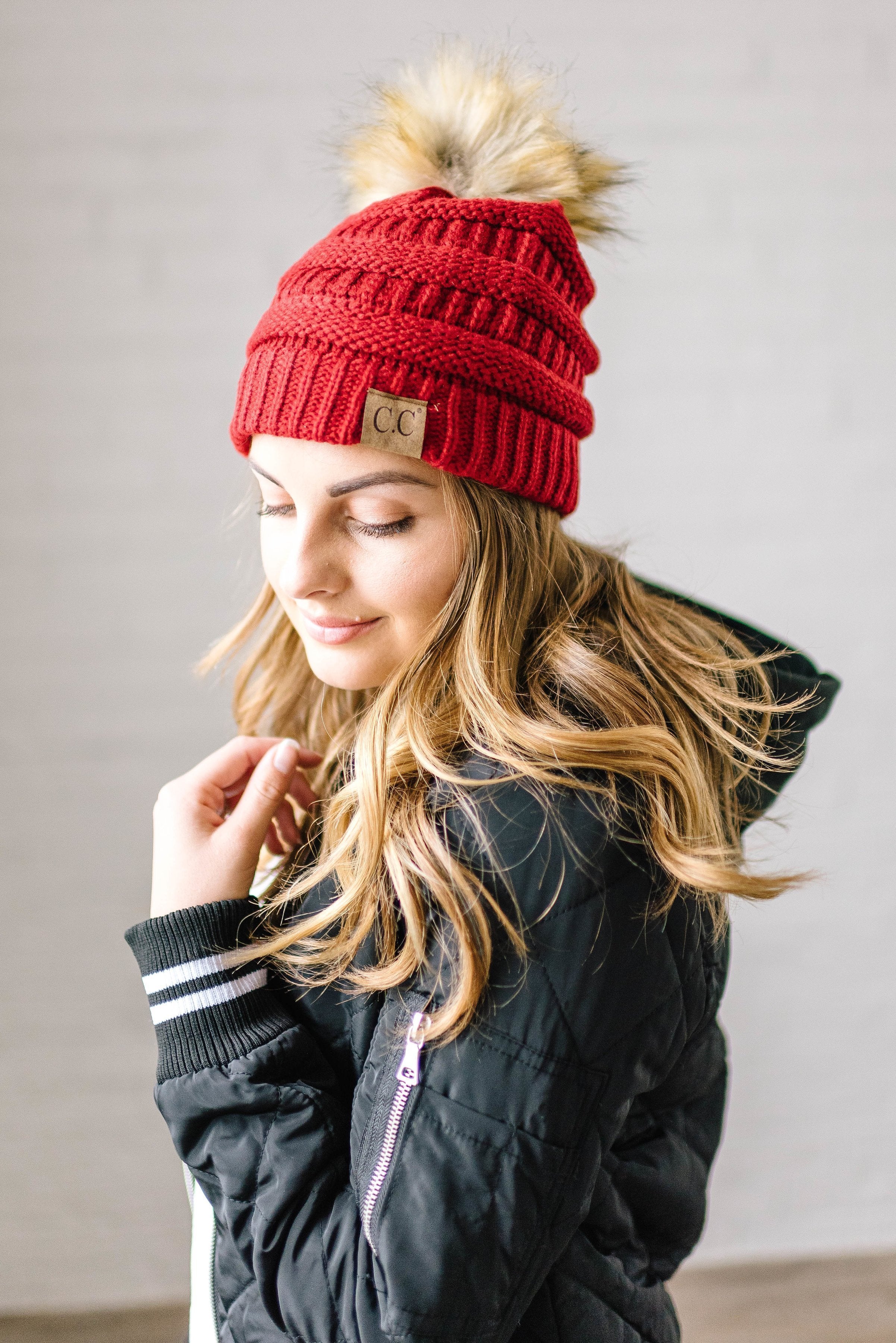 CC Fur PomPom Beanie in Red