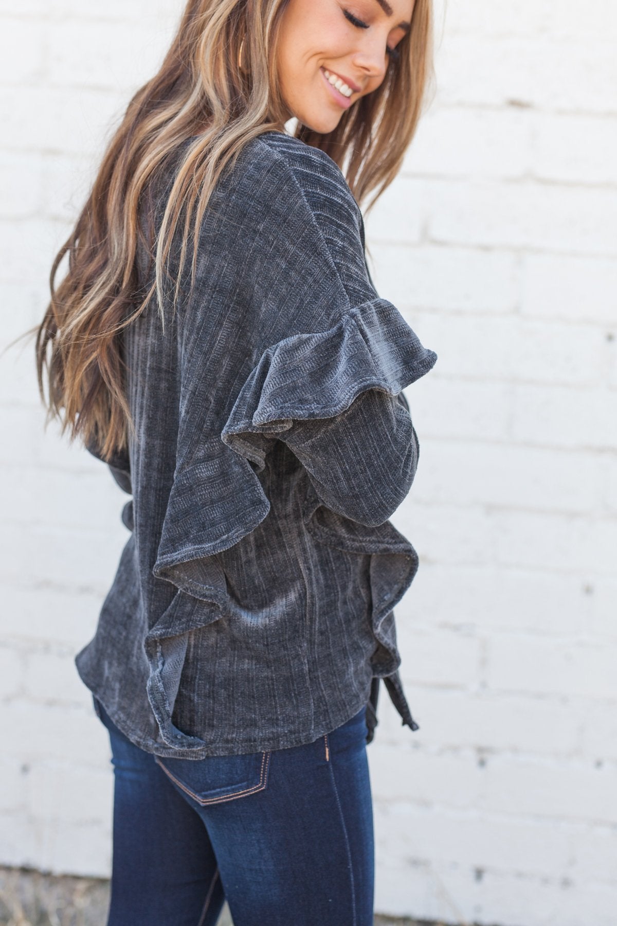 Chic Chenille Ruffled Tie Front Top - ALL SALES FINAL