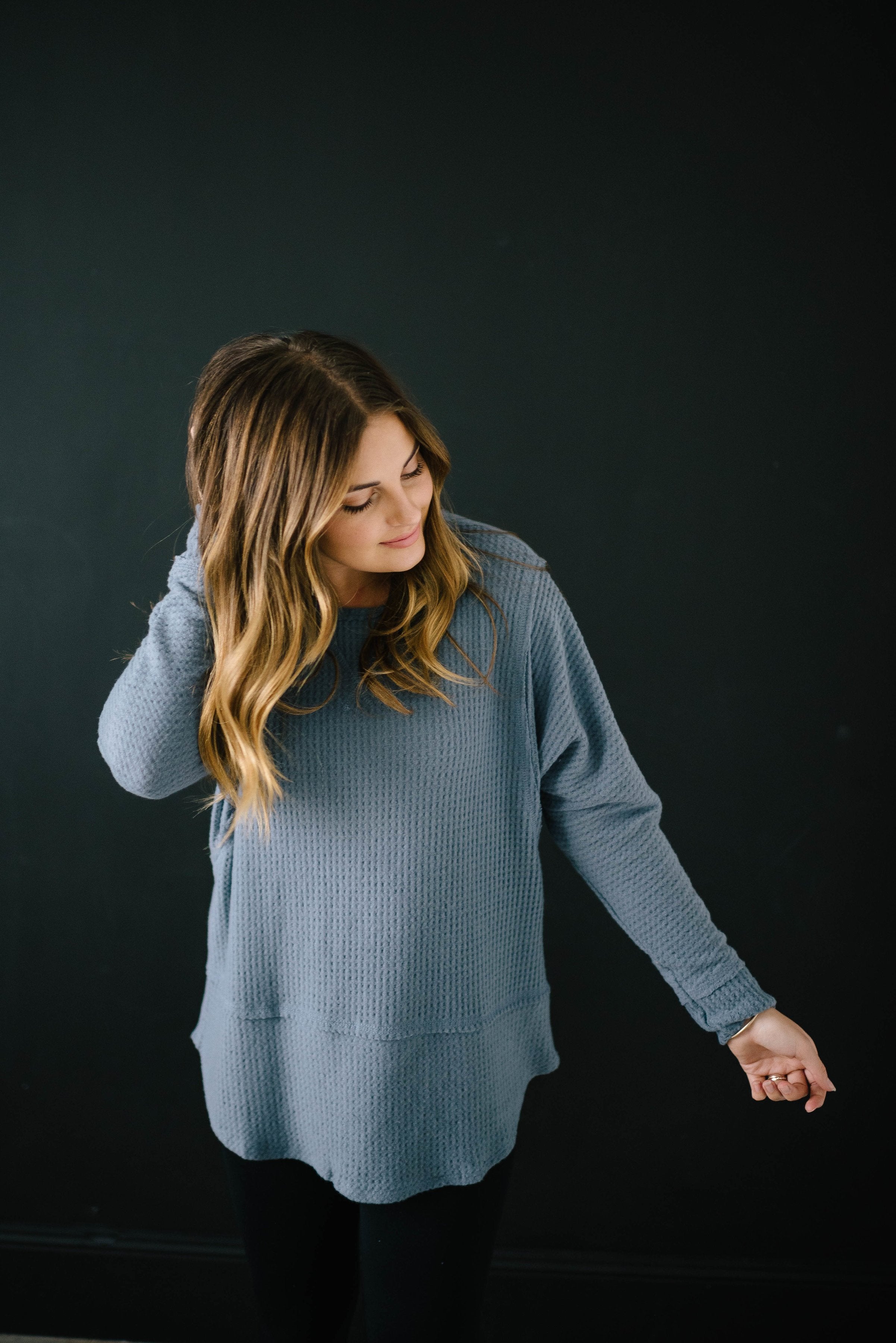 Coffee + Waffle Knit Top in Slate Blue