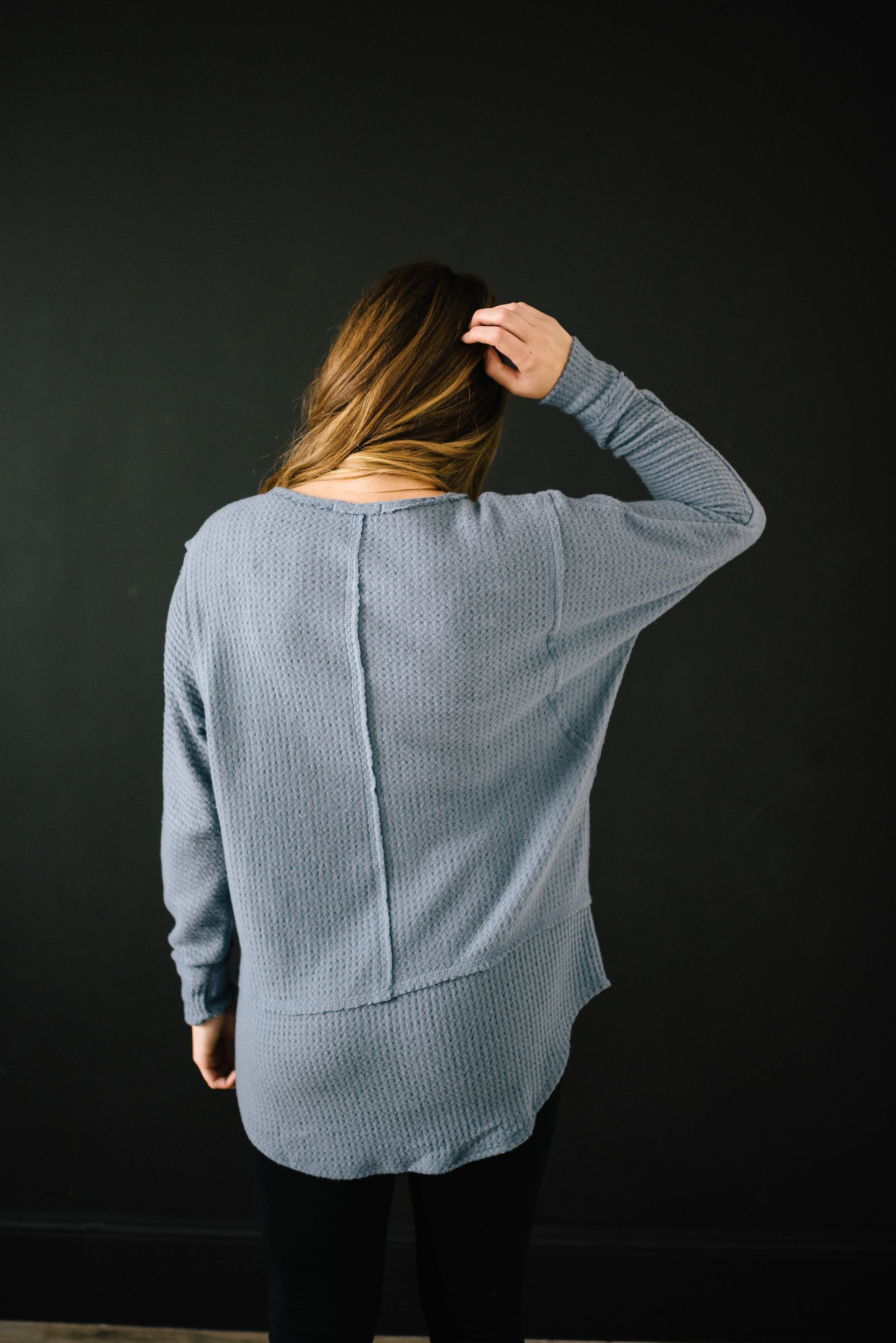 Coffee + Waffle Knit Top in Slate Blue