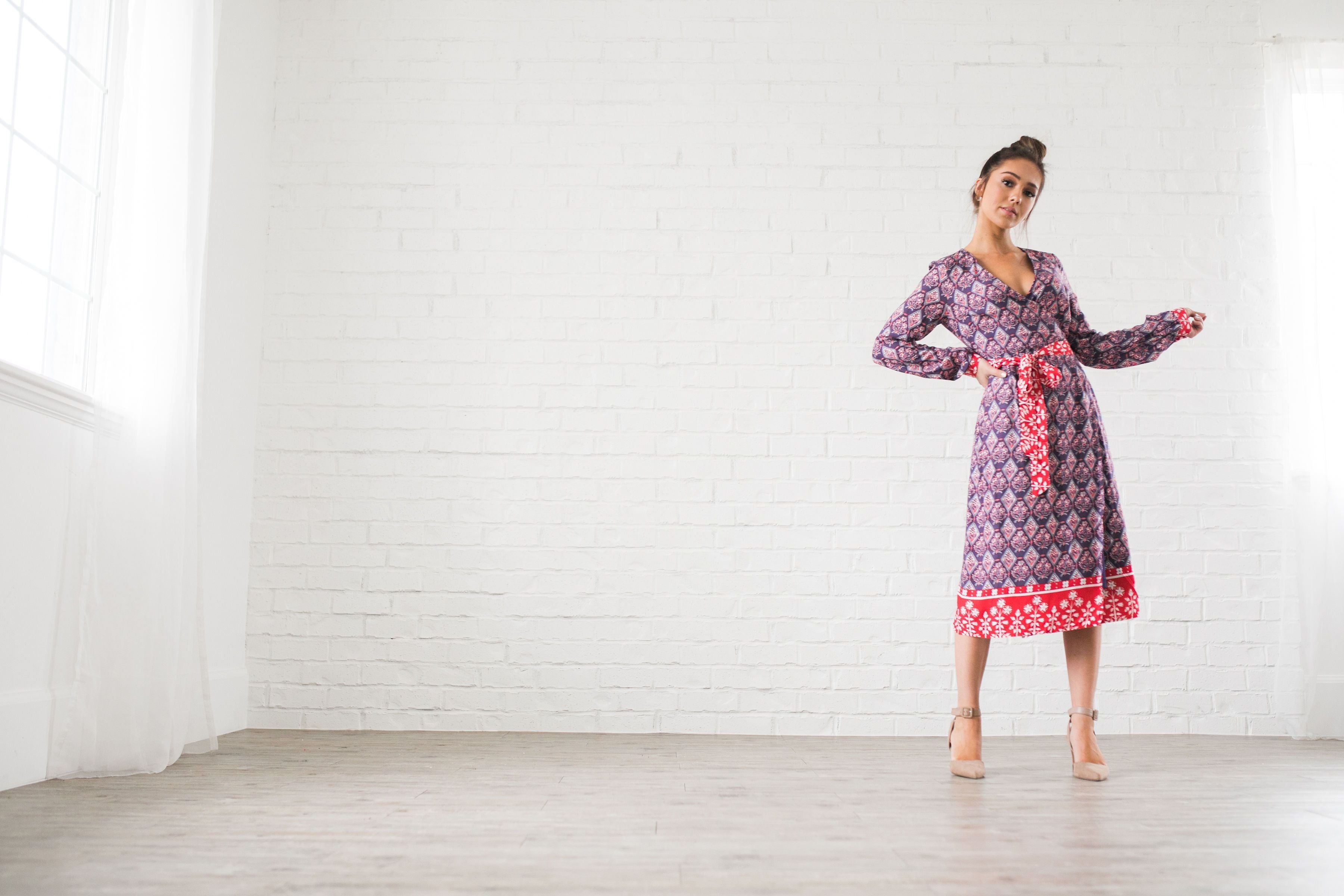 Contrast Print Wrap Dress - ALL SALES FINAL