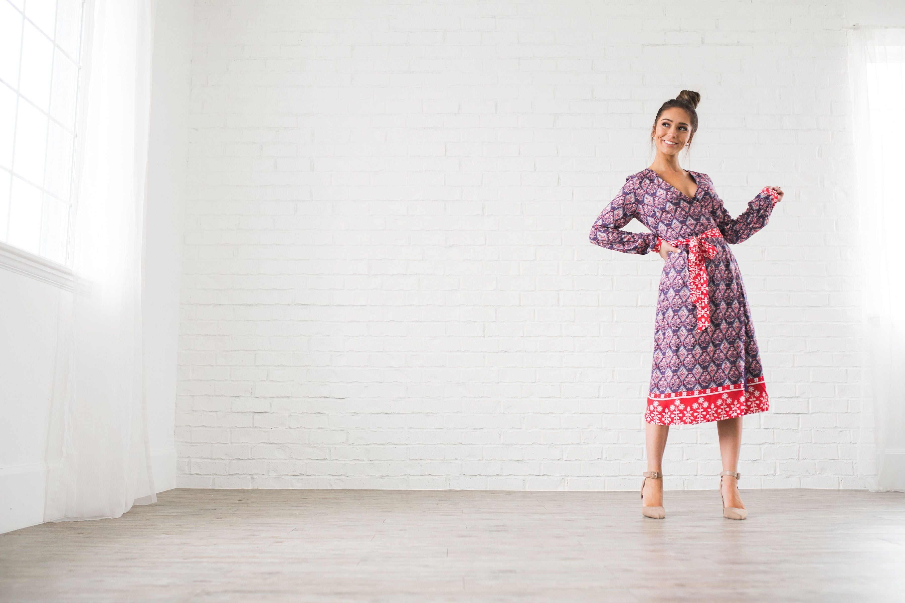 Contrast Print Wrap Dress - ALL SALES FINAL