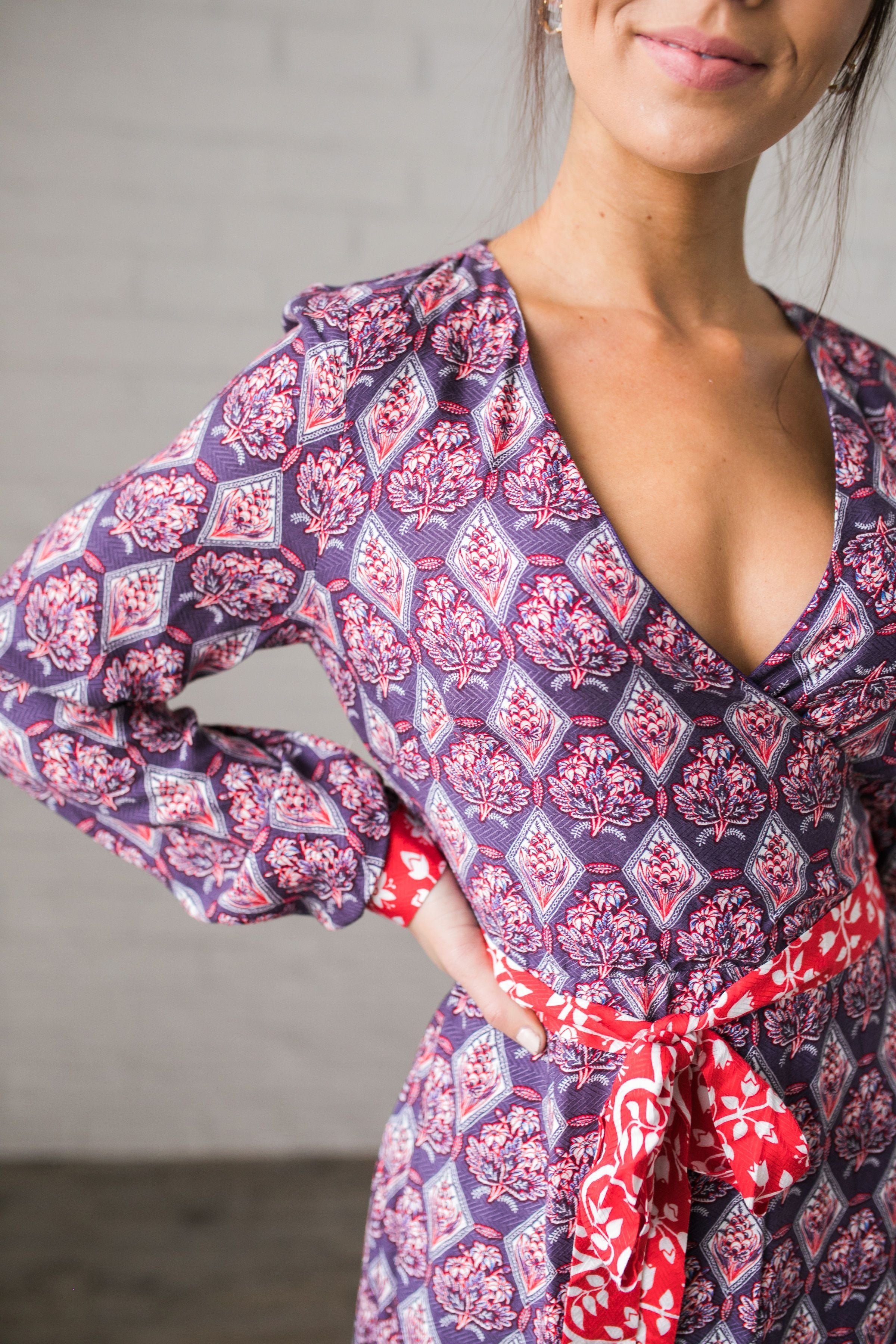 Contrast Print Wrap Dress - ALL SALES FINAL