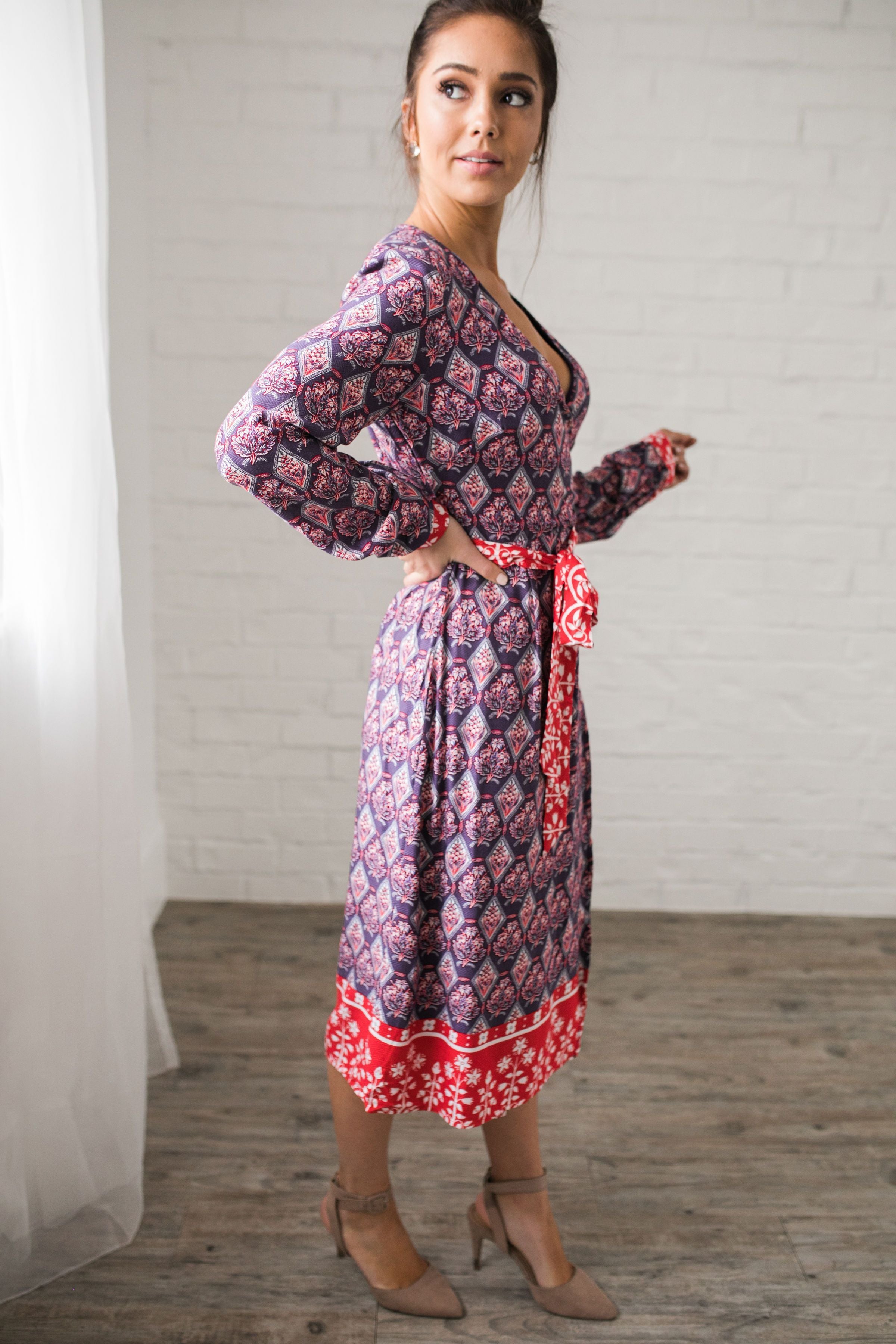 Contrast Print Wrap Dress - ALL SALES FINAL