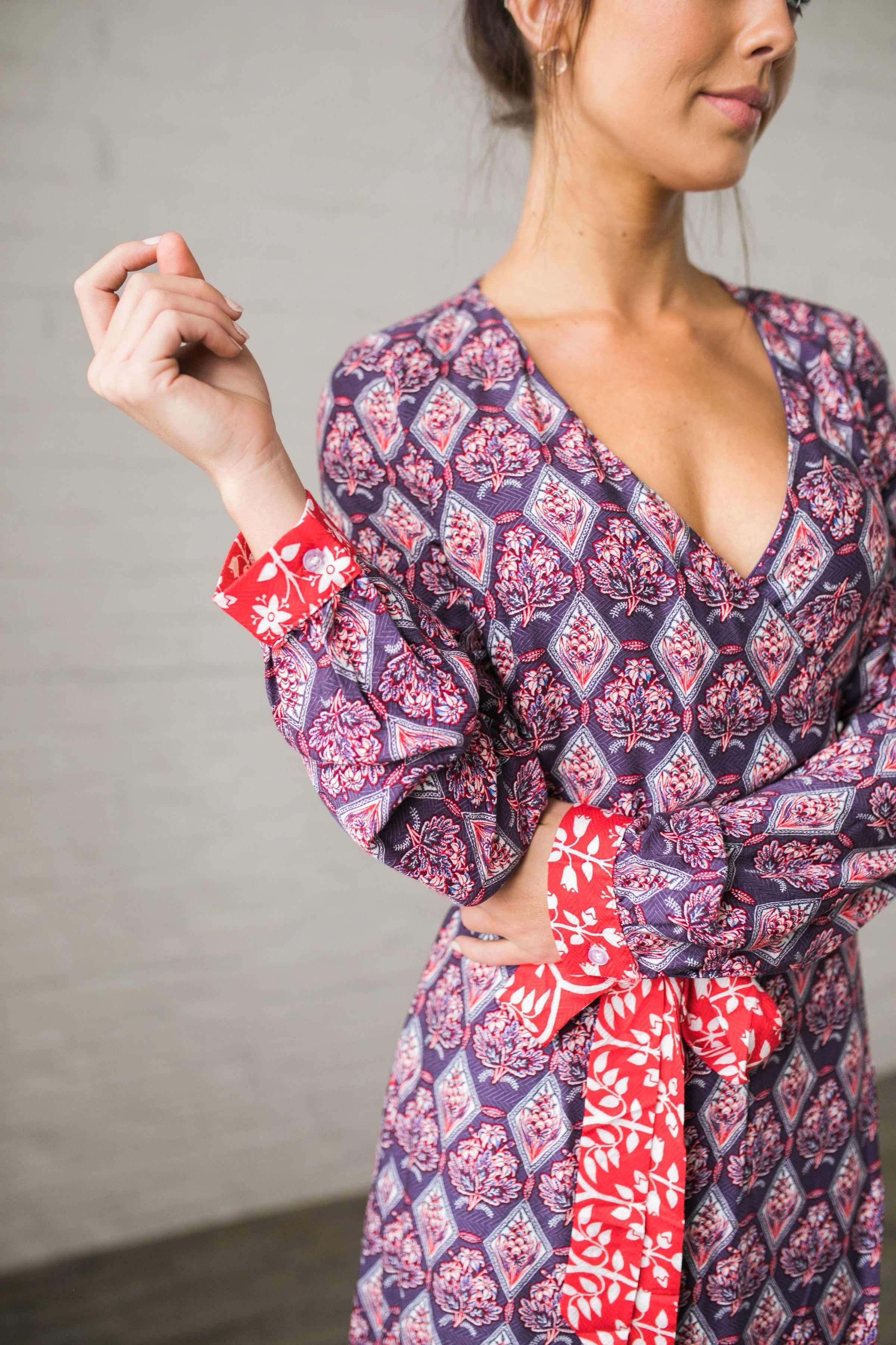 Contrast Print Wrap Dress - ALL SALES FINAL