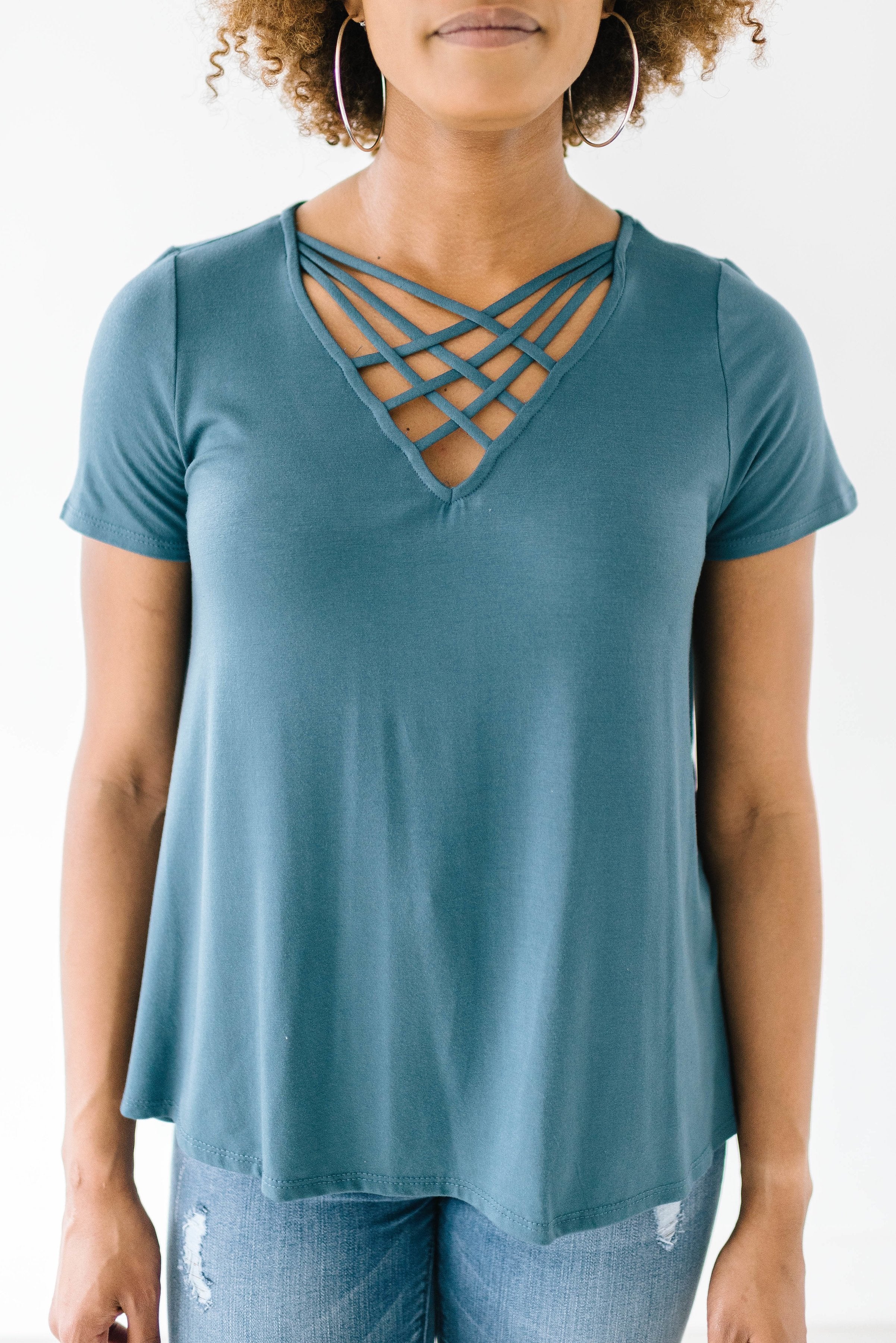 Criss Cross Tee In Teal Blue