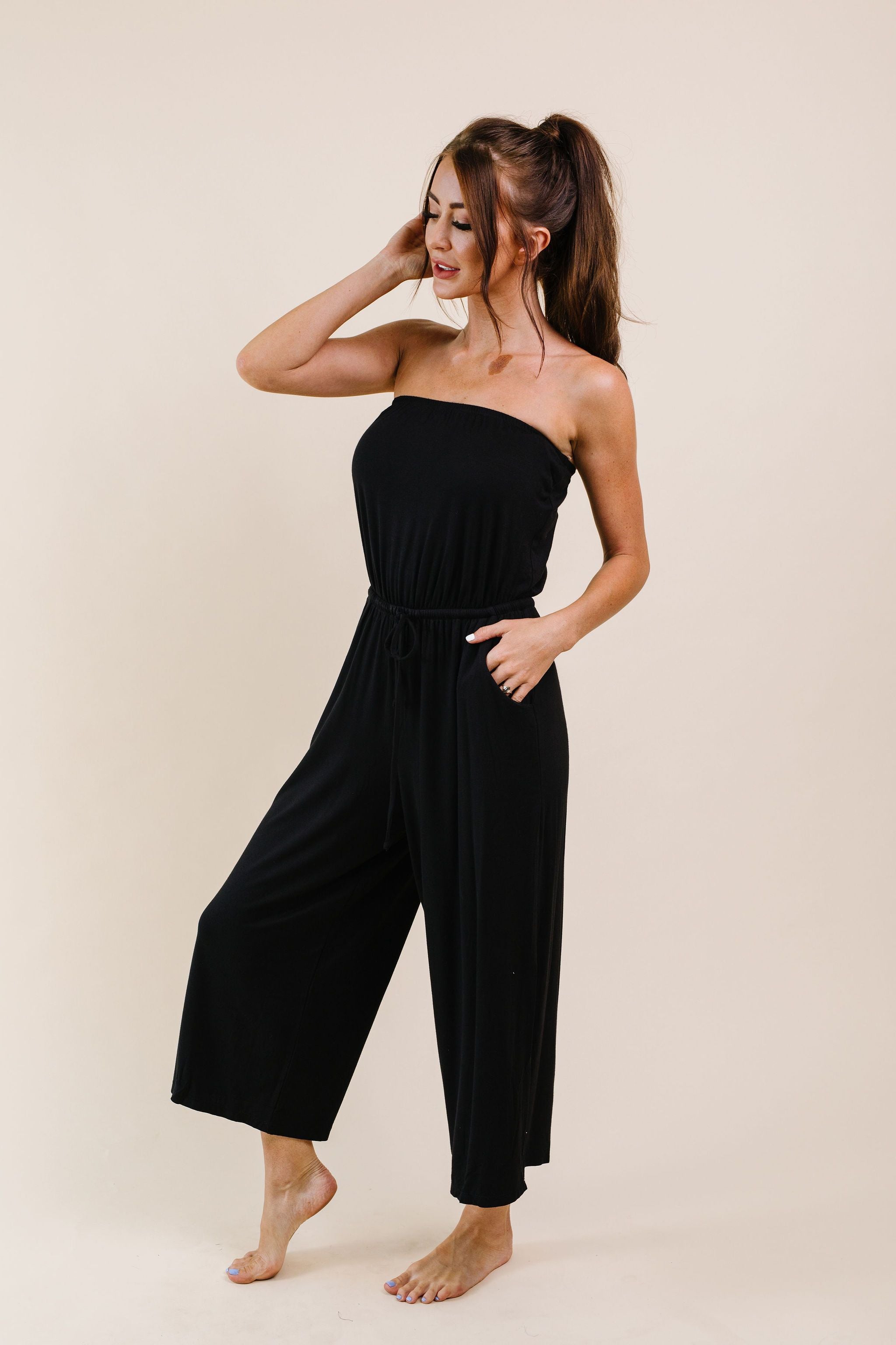 Cropped Tube Top Jumpsuit In Black