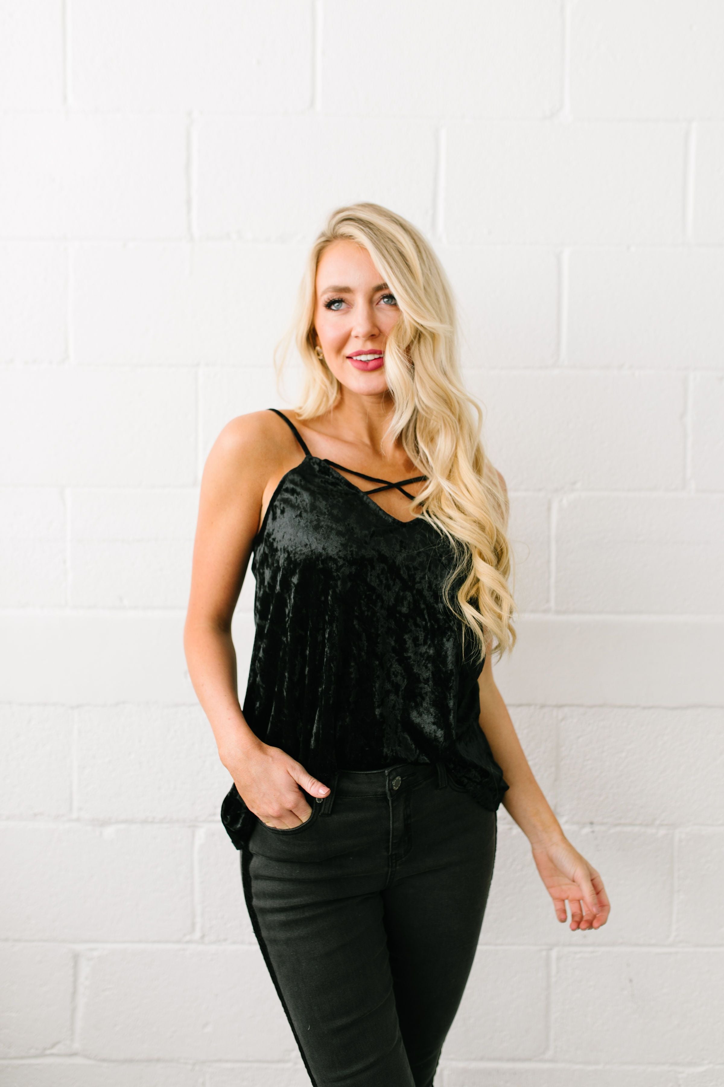 Cross My 🖤 Crushed Velvet Cami In Black - ALL SALES FINAL