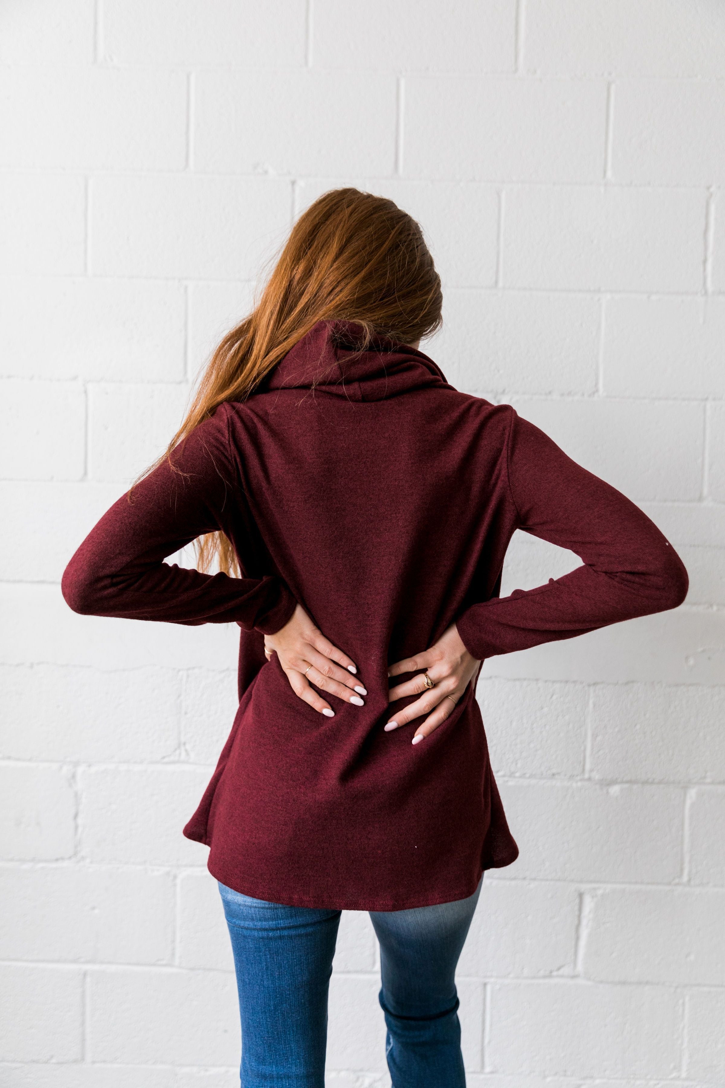 Cute As A Button Cowl Neck Sweater In Burgundy