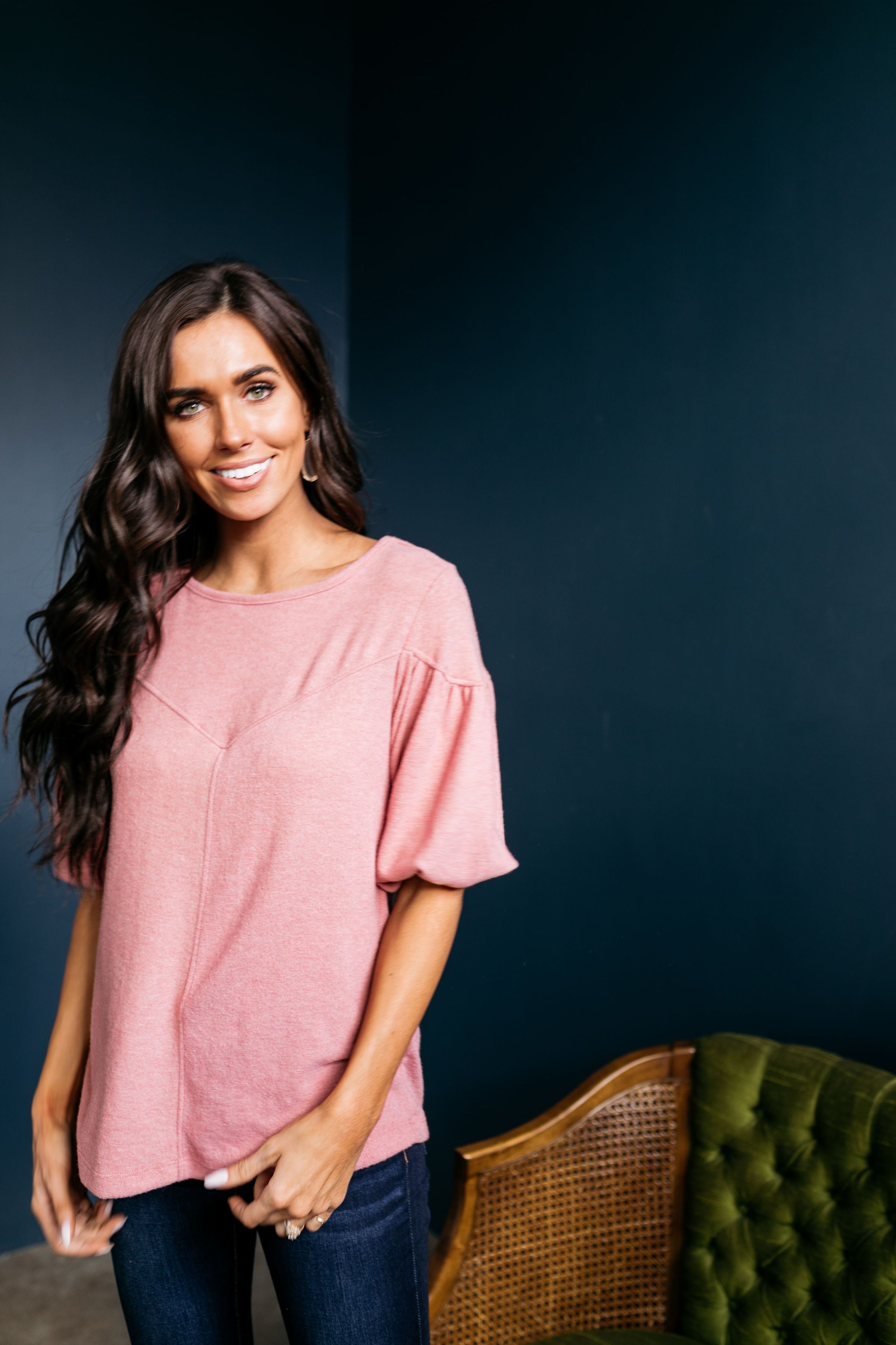 Double Bubble Brushed Knit Top In Dusty Rose