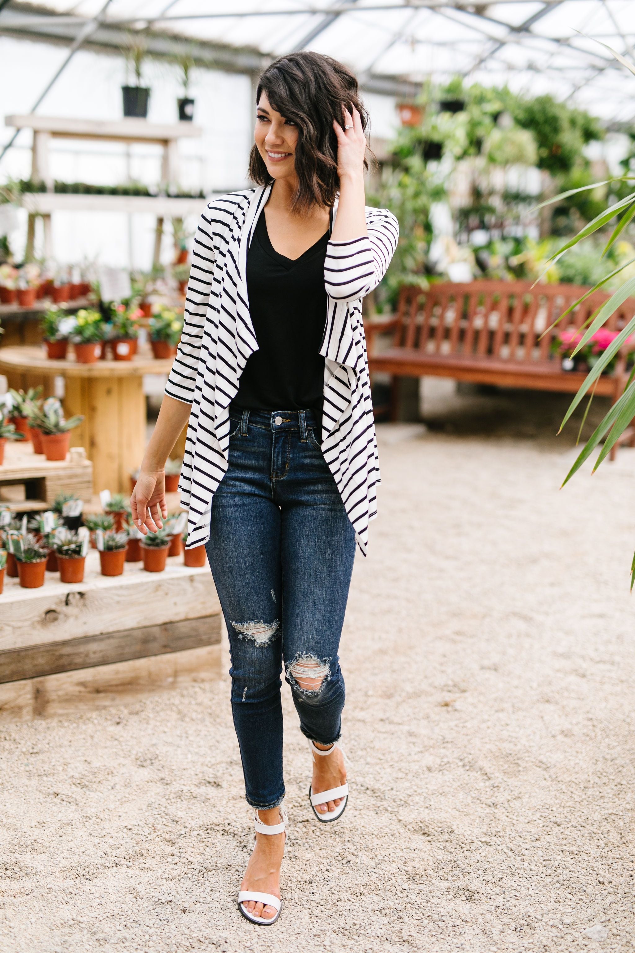 Escape To Nowhere Cardigan In White w/ Black Stripes