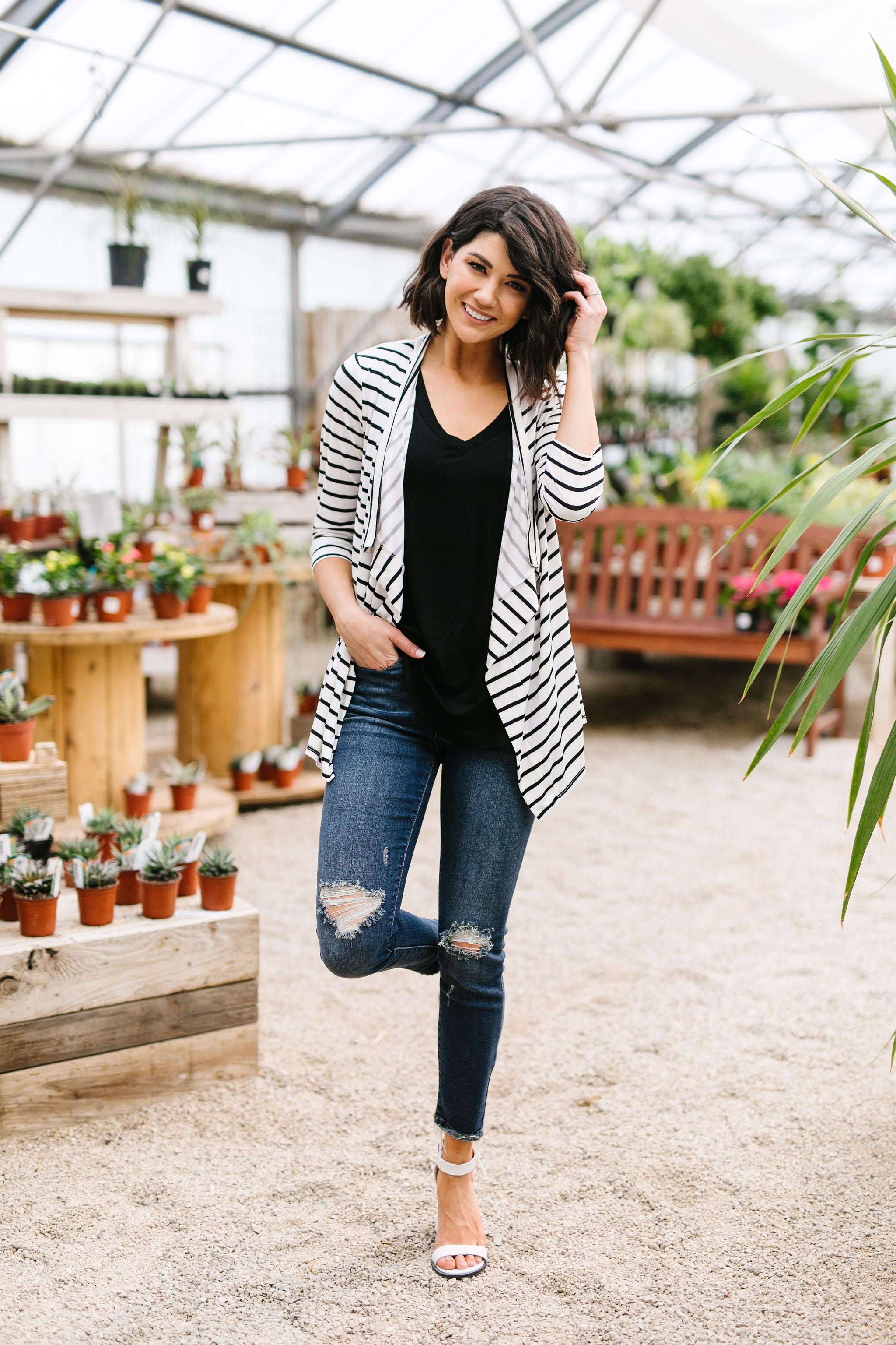 Escape To Nowhere Cardigan In White w/ Black Stripes