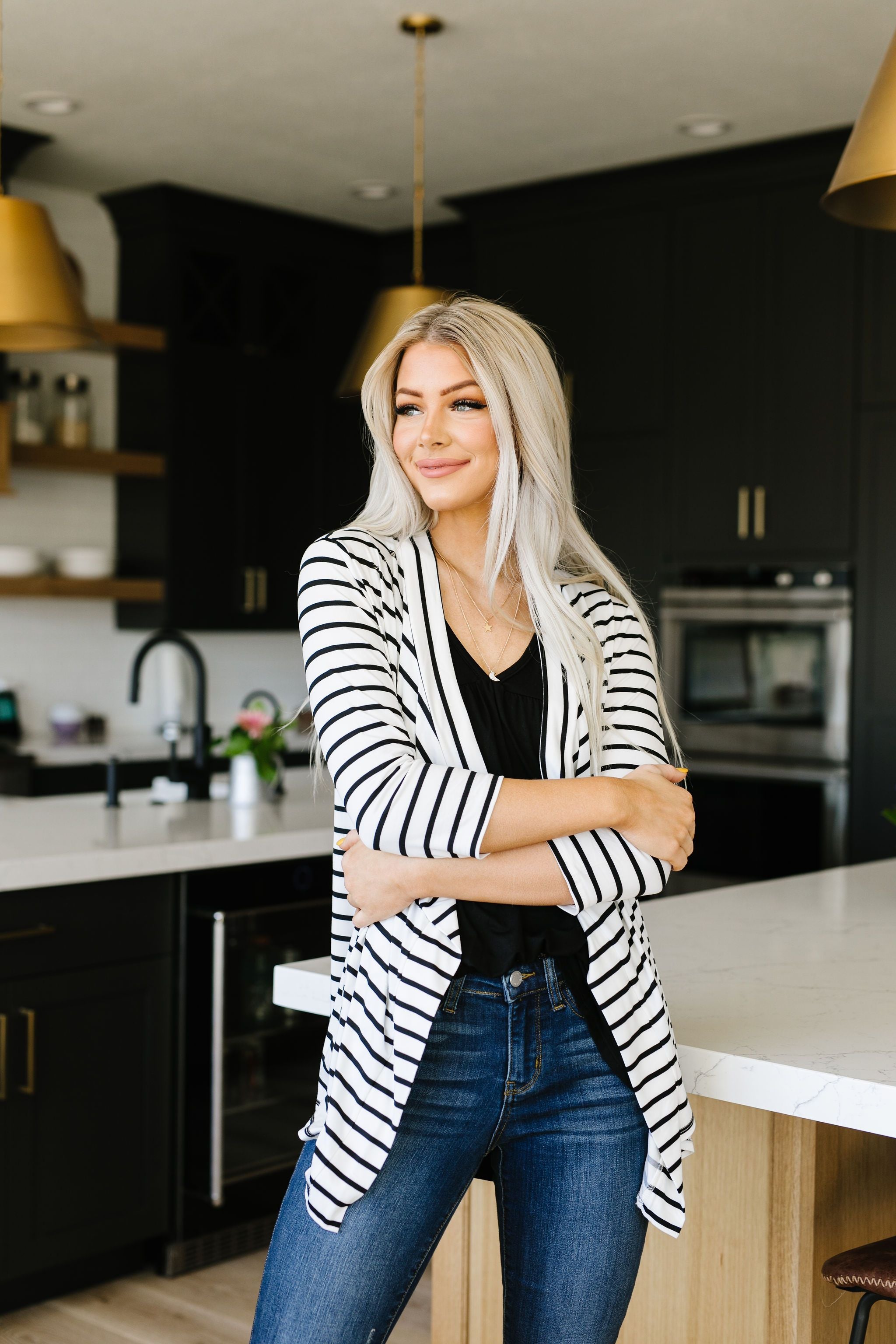 Escape To Nowhere Cardigan In White w/ Black Stripes