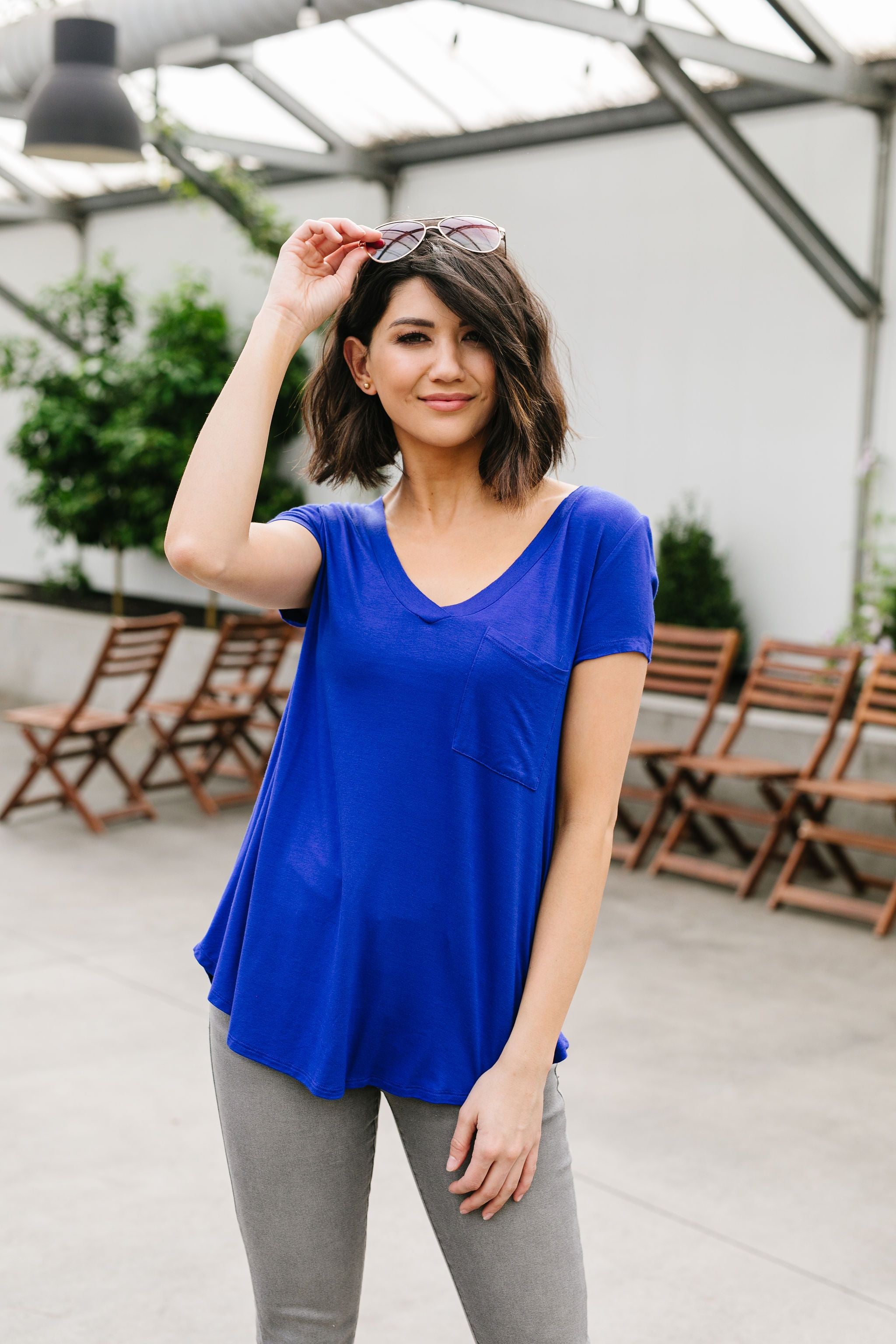 Everyday Yay V-Neck Tee In Royal Blue