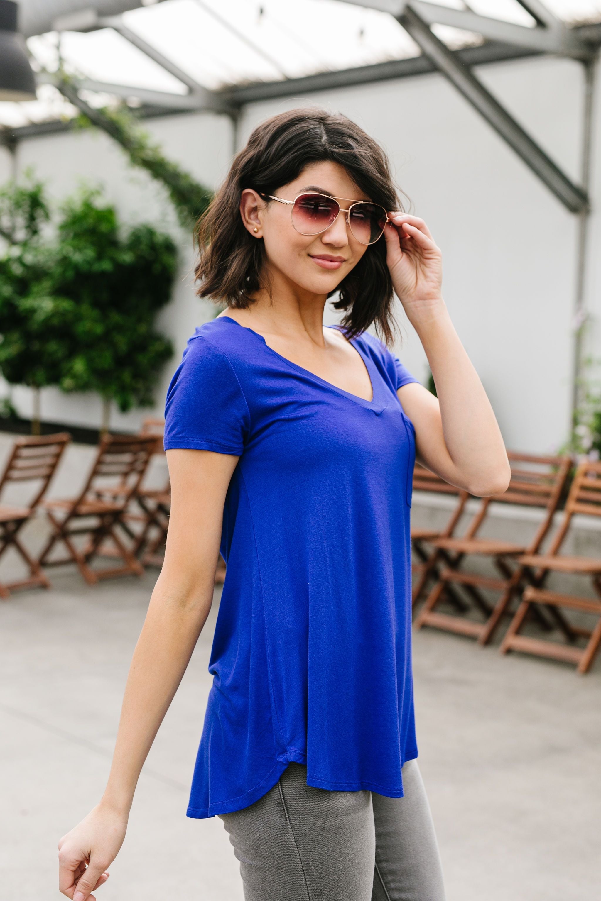 Everyday Yay V-Neck Tee In Royal Blue
