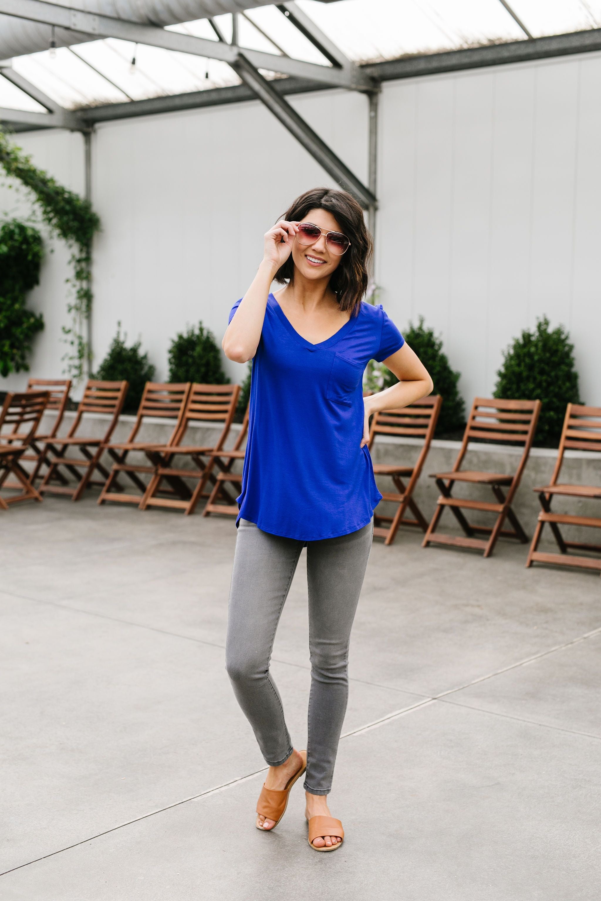Everyday Yay V-Neck Tee In Royal Blue