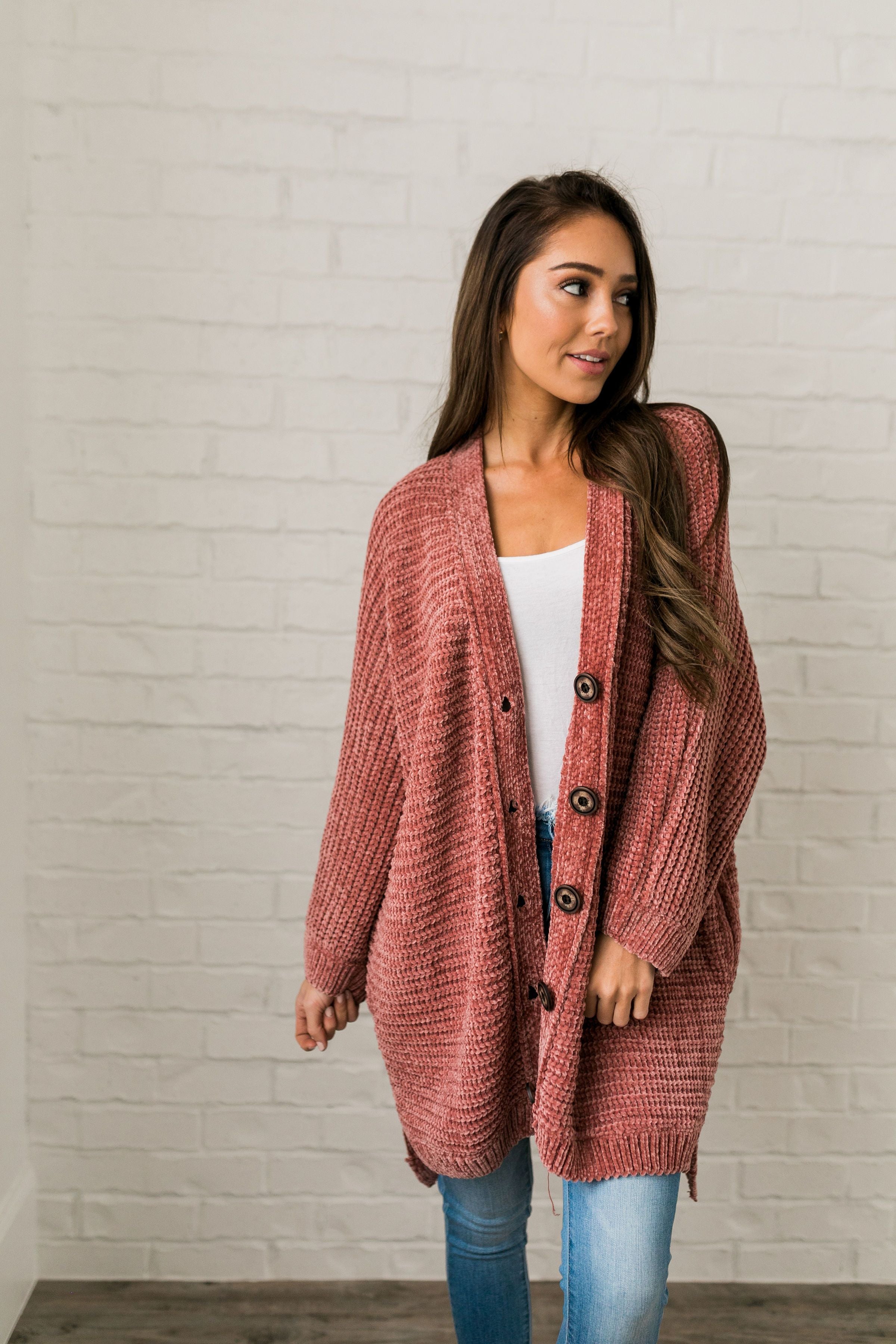 Faded Memories Chenille Cardigan In Mauve