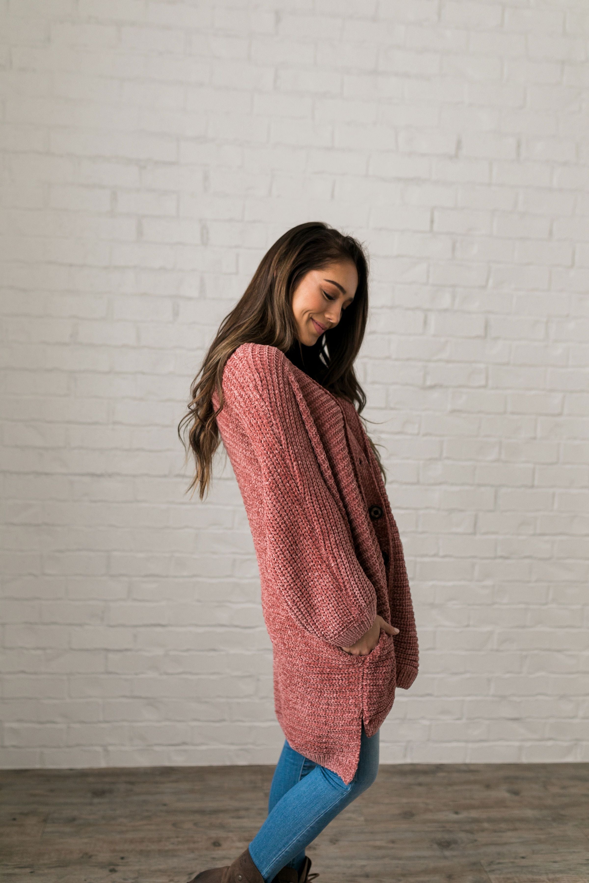 Faded Memories Chenille Cardigan In Mauve