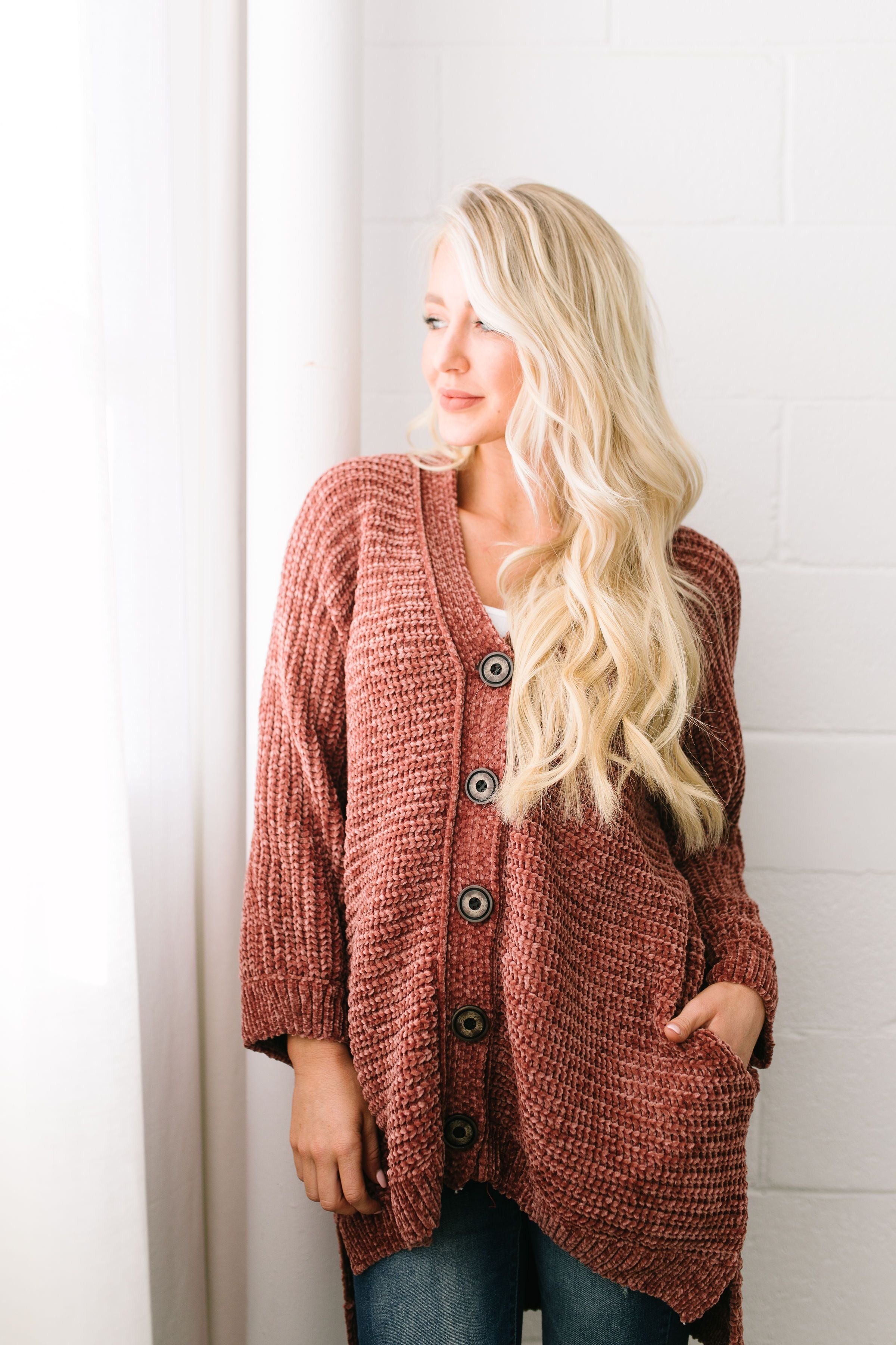 Faded Memories Chenille Cardigan In Rust